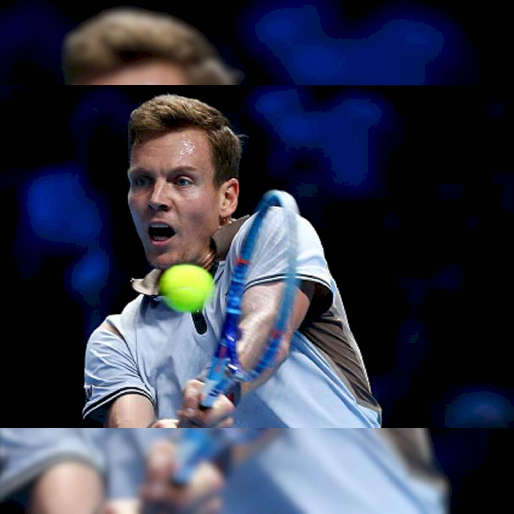 Tomas Berdych, bright yellow ball, dark blue blurred background, Full HD Desktop Wallpaper