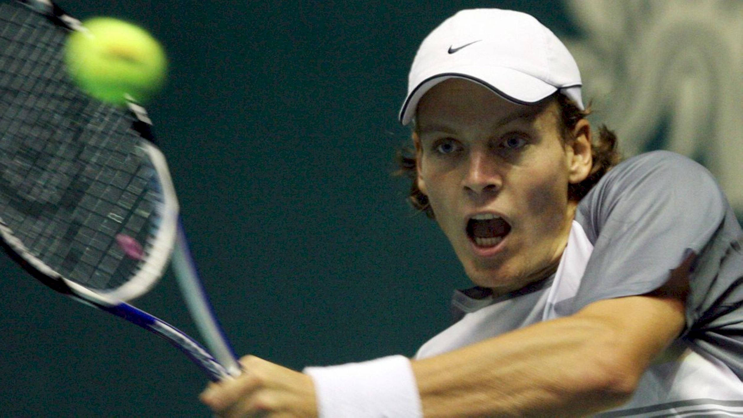 Tomas Berdych, bright yellow ball, dark green court, Full HD Desktop Wallpaper