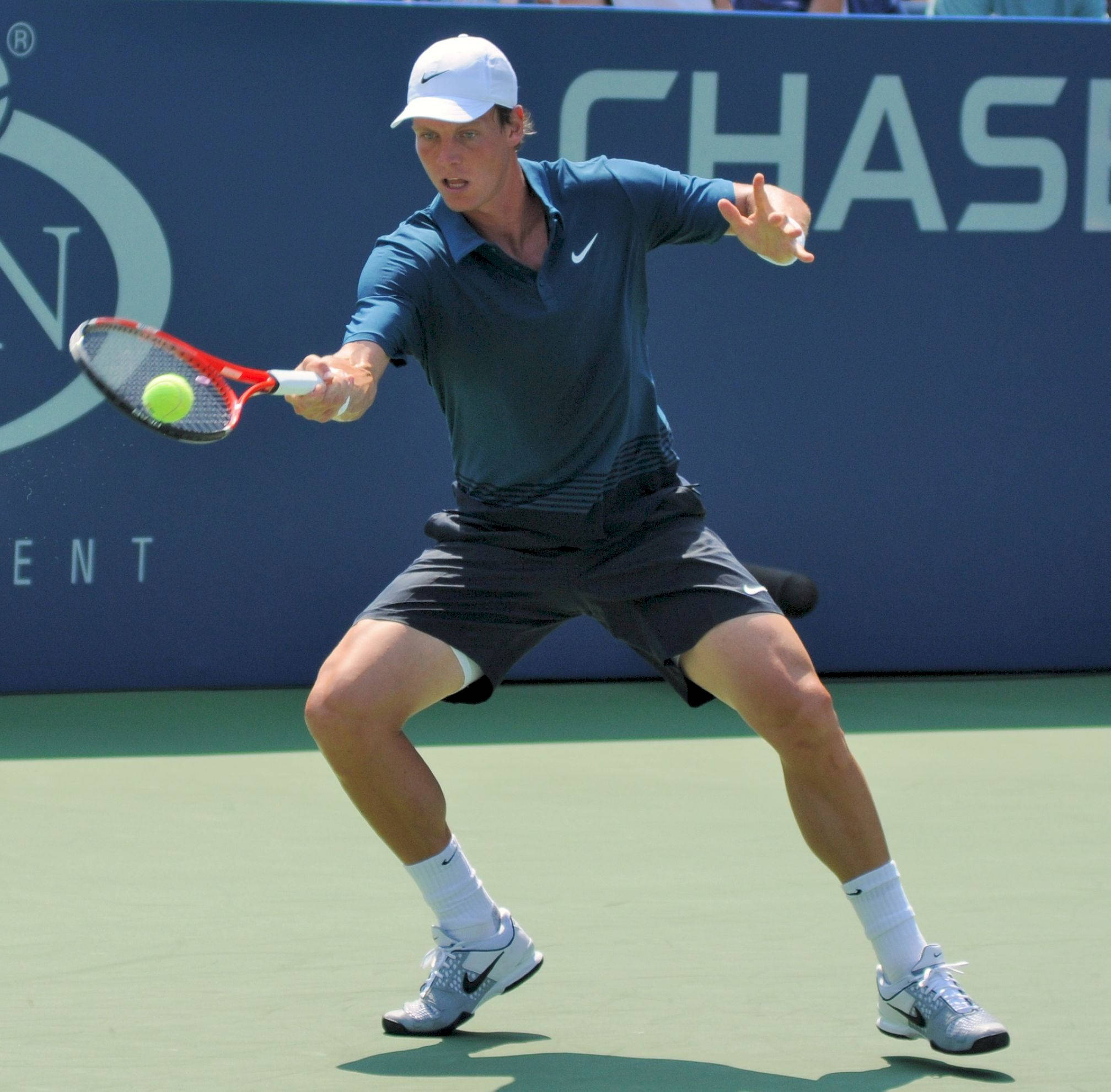 Tomas Berdych, green court, mid-swing, Full HD Desktop Wallpaper