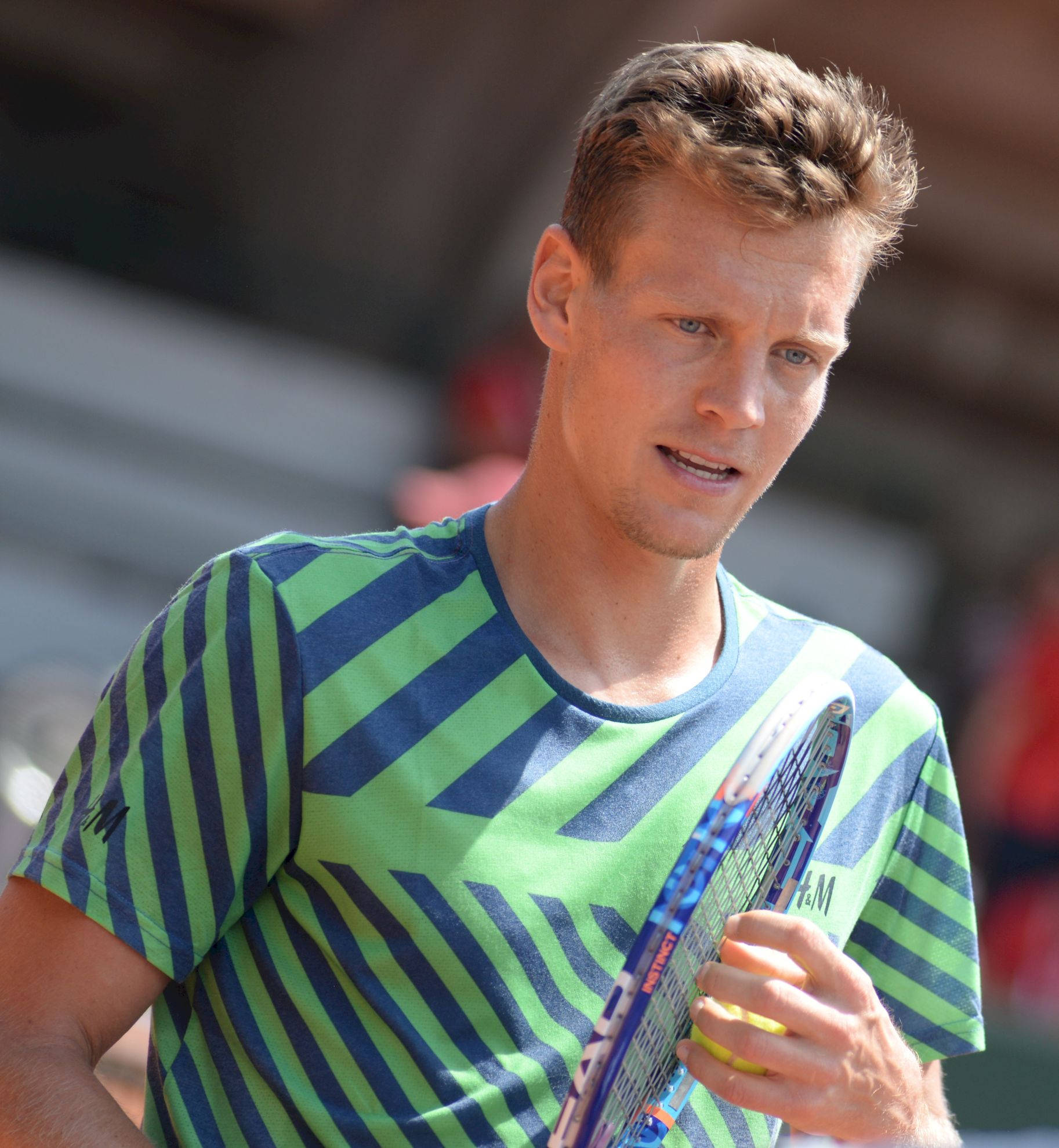 Tomas Berdych, green and blue striped shirt, racket, Full HD Phone Wallpaper