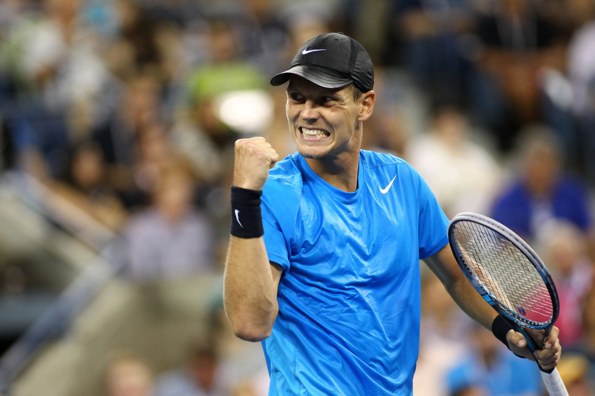 Tomas Berdych, blue shirt, black cap, Full HD Desktop Wallpaper