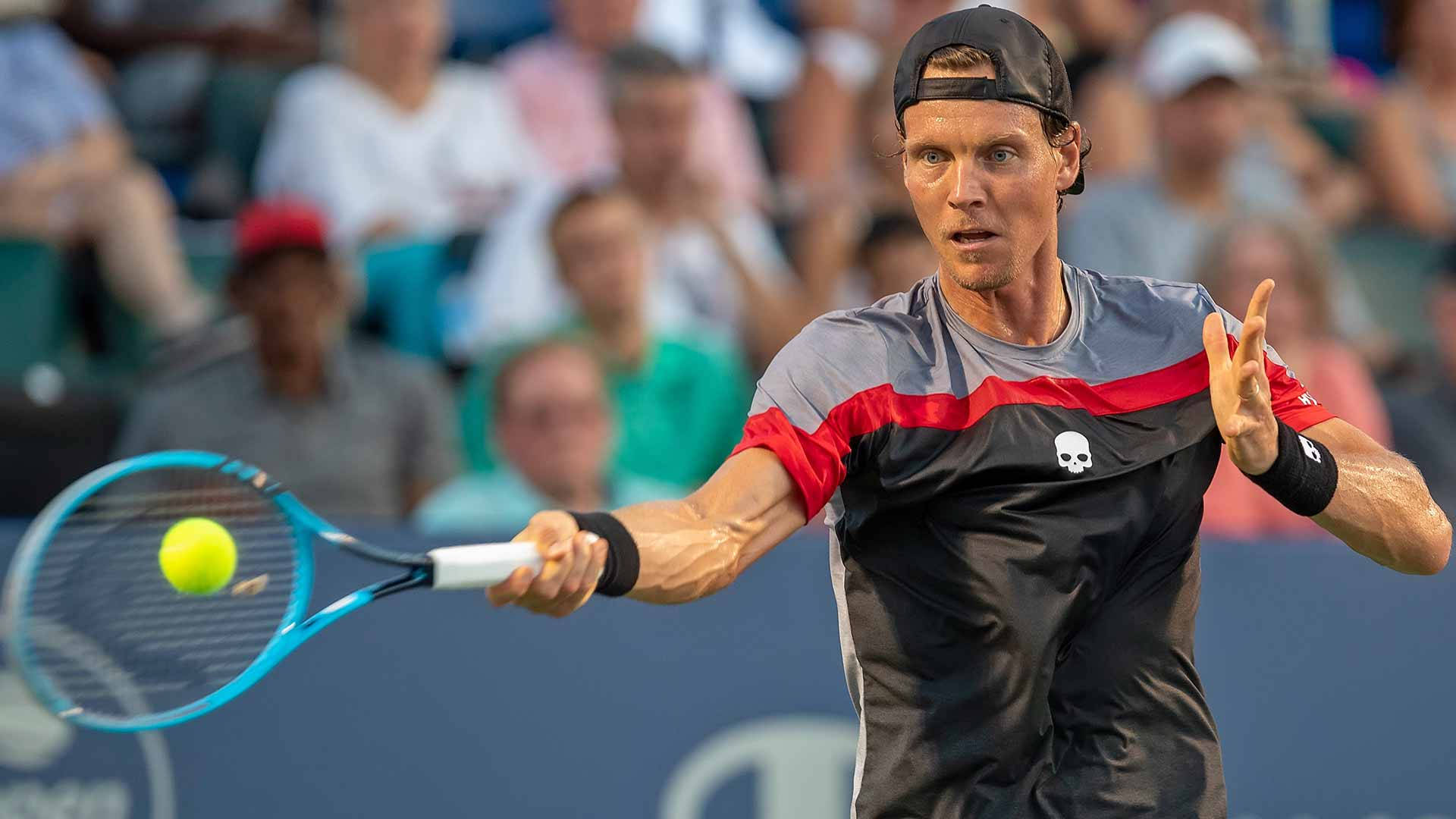 Tomas Berdych, yellow ball, black and red shirt, Full HD Desktop Wallpaper