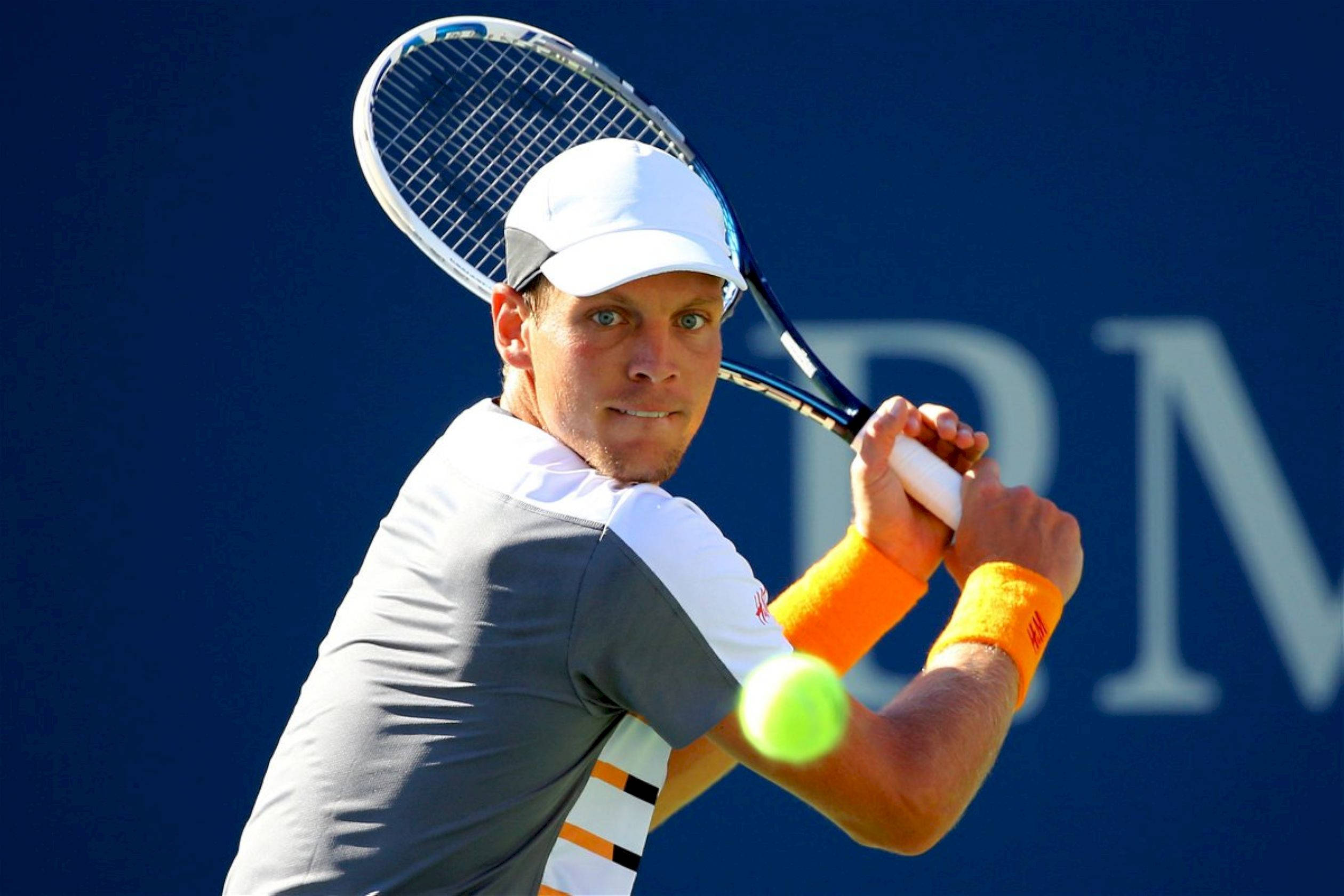 Tomas Berdych, white cap, grey shirt, Full HD Desktop Wallpaper