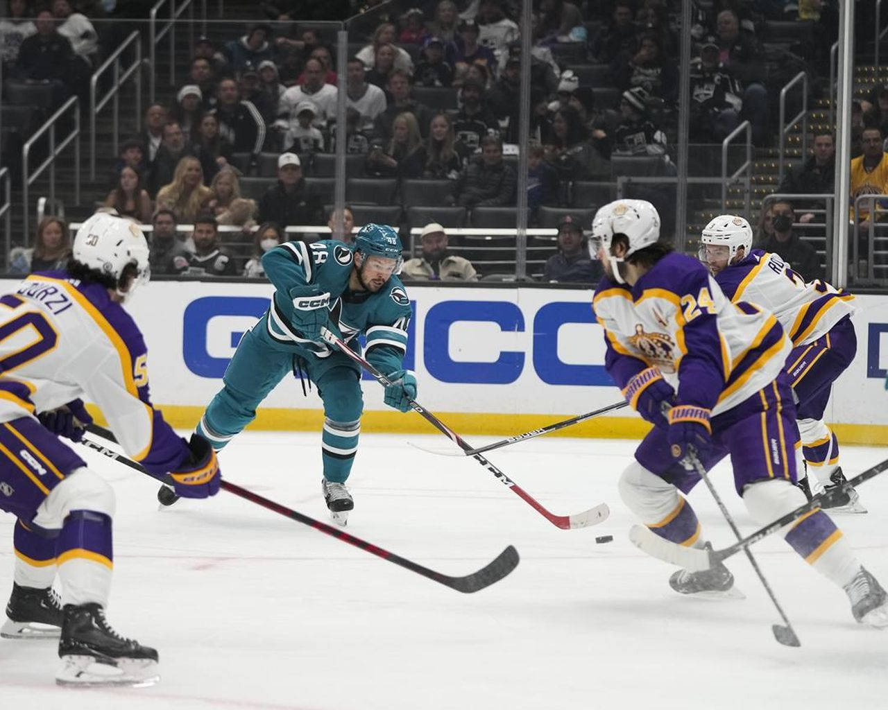 Tomas Hertl, teal and purple jerseys, ice, HD Desktop Wallpaper