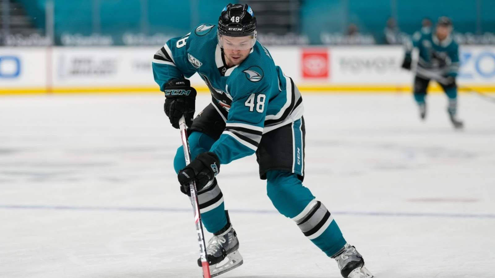 Tomas Hertl, teal and black uniform, ice, HD Desktop Wallpaper