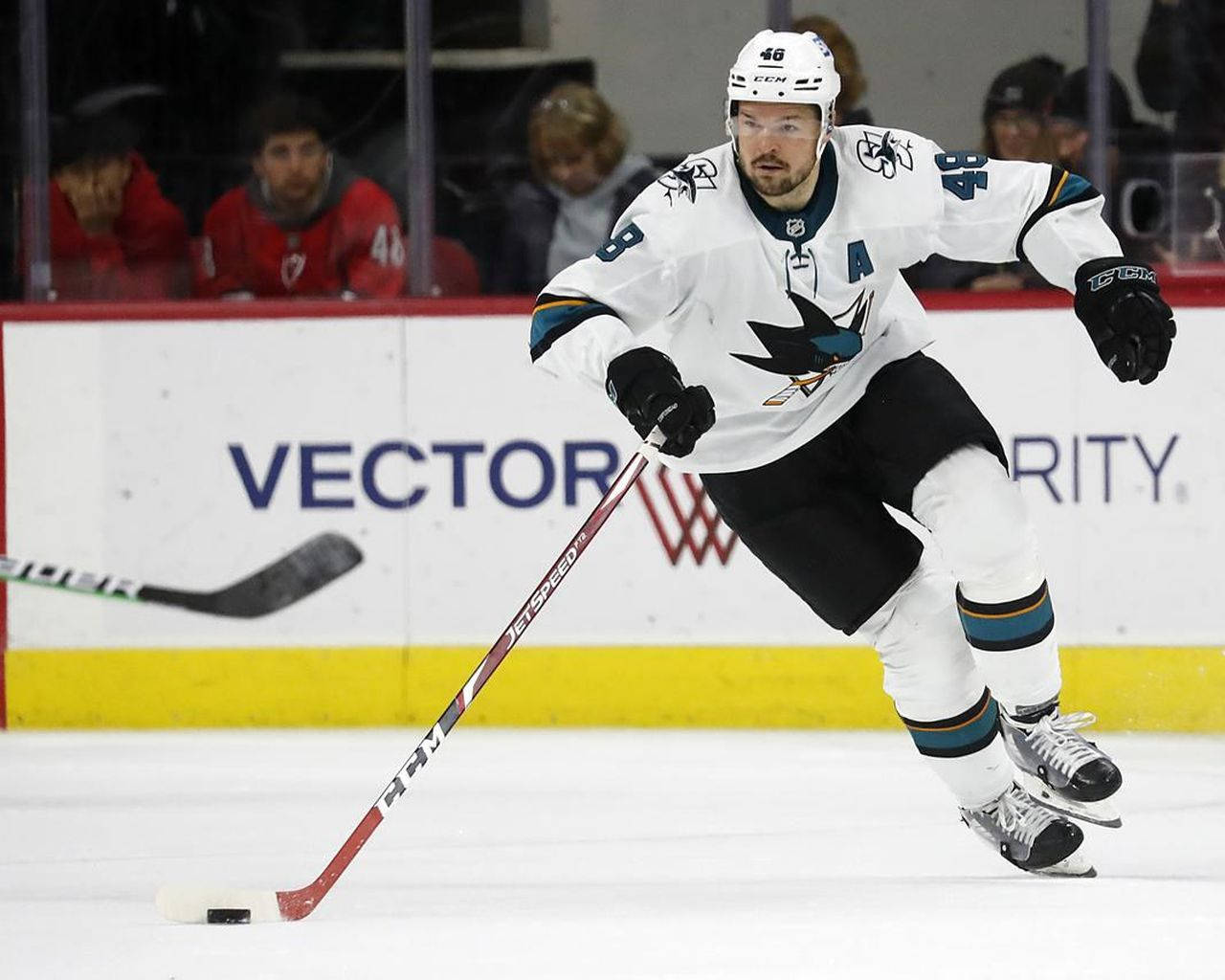 Tomas Hertl, white Sharks jersey, red stick, HD Desktop Wallpaper