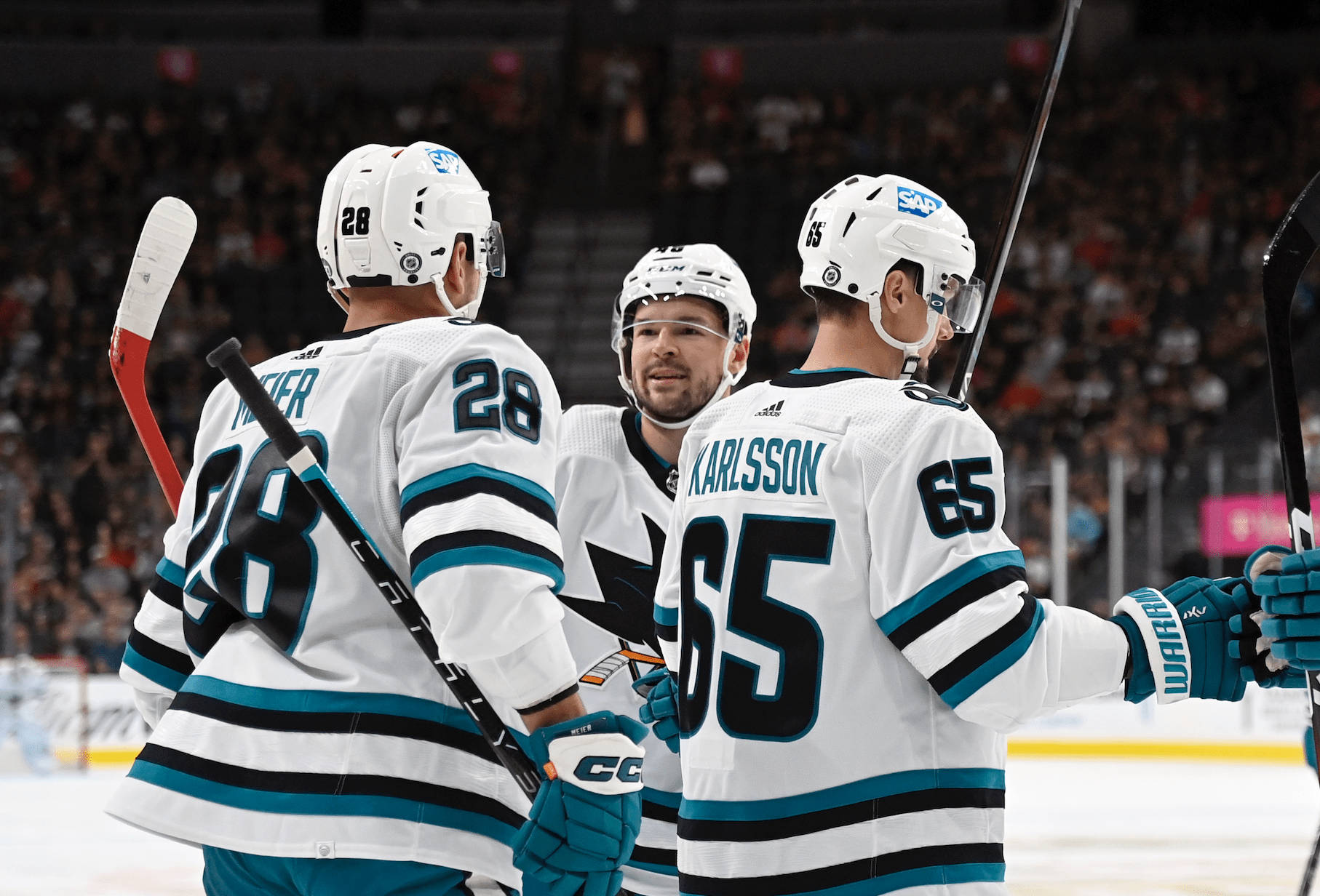 Tomas Hertl, white teal jerseys, ice, HD Desktop Wallpaper