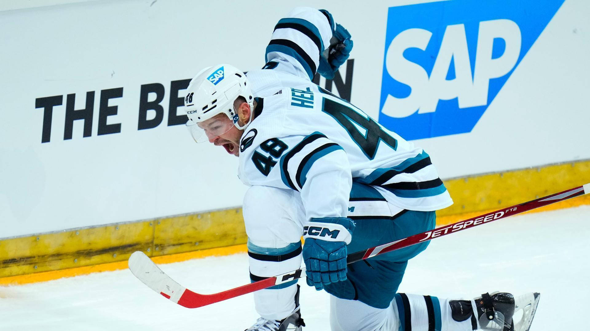 Tomas Hertl, white and teal uniform, ice, Full HD Desktop Wallpaper