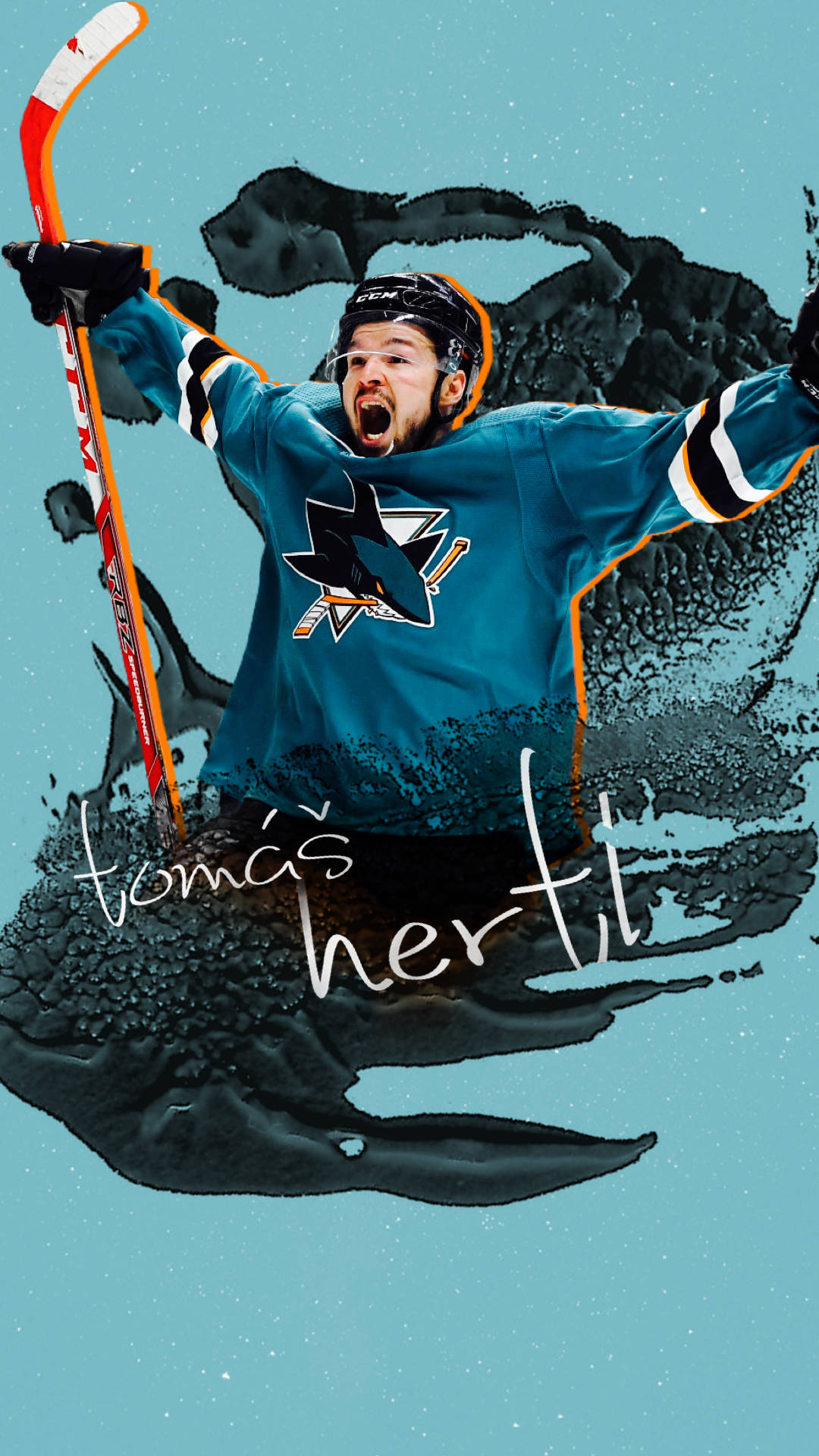 Tomas Hertl, teal Sharks jersey, black ink splash background, Full HD Phone Wallpaper