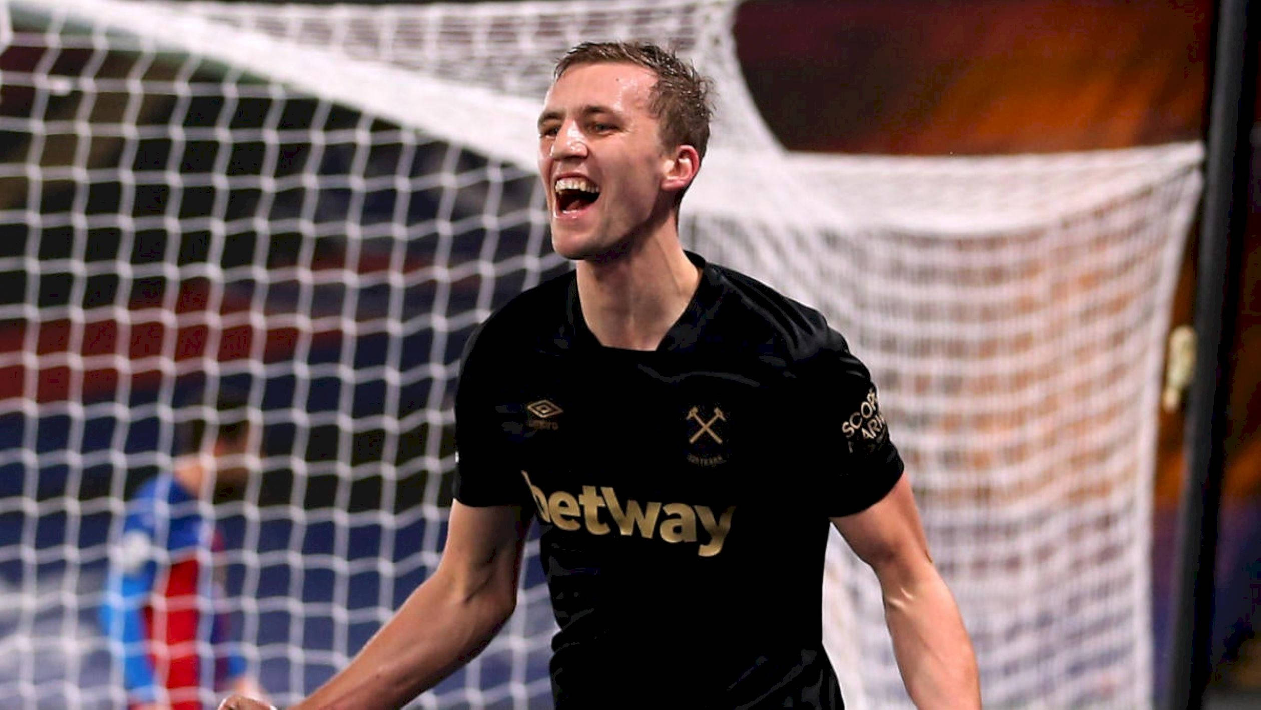 Tomas Soucek, black jersey, goal net, Full HD Desktop Wallpaper