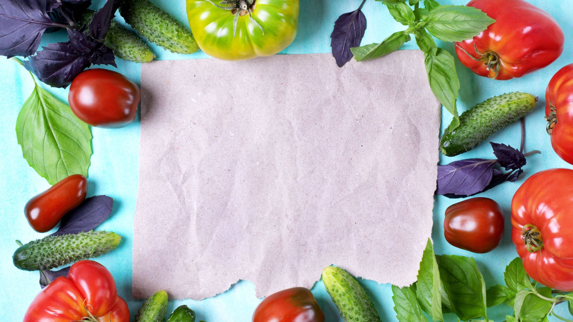 tomatoes, cucumbers, basil, Full HD Desktop Wallpaper