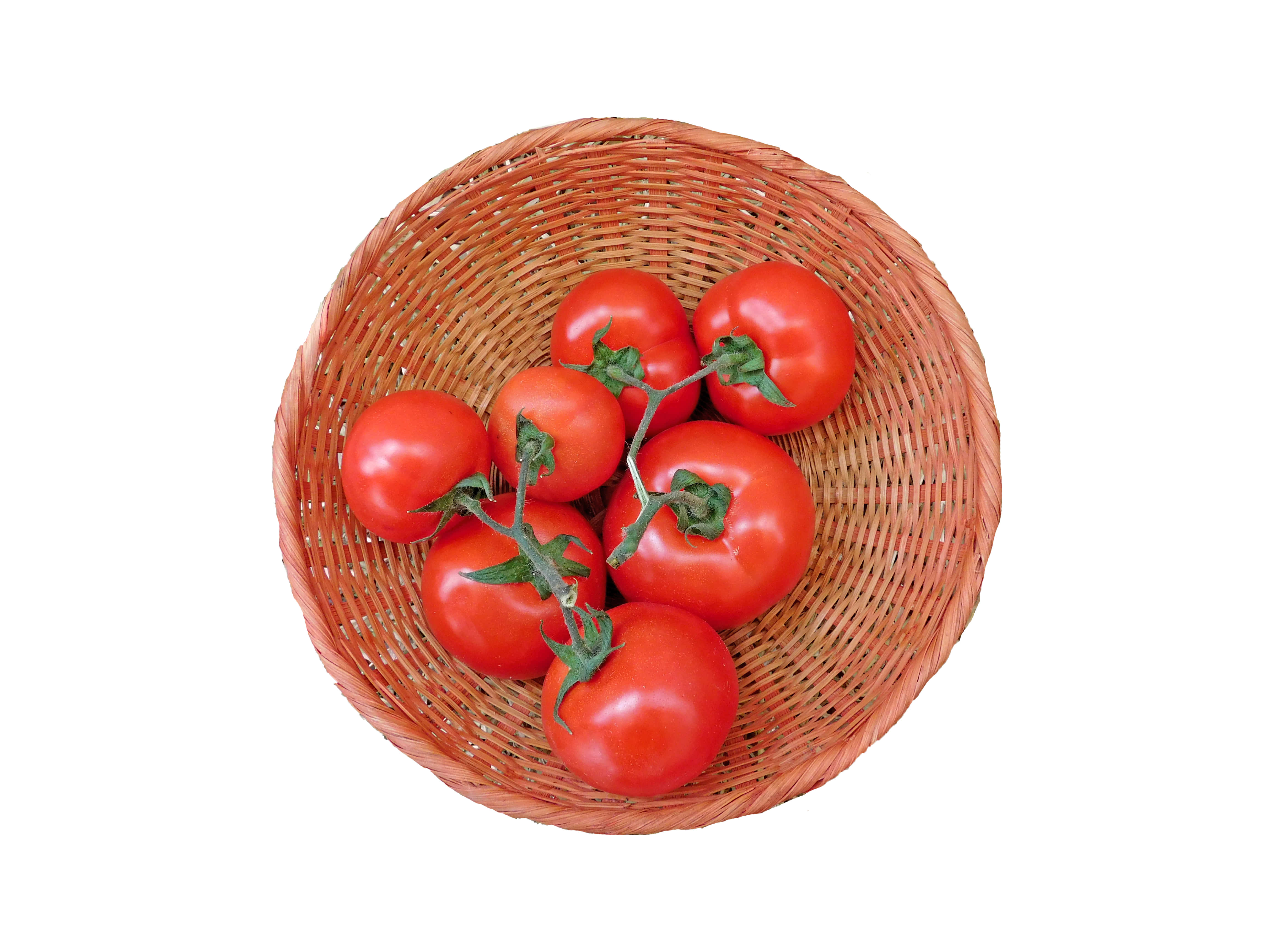 tomatoes, green vine, woven brown basket, 4K Desktop Wallpaper