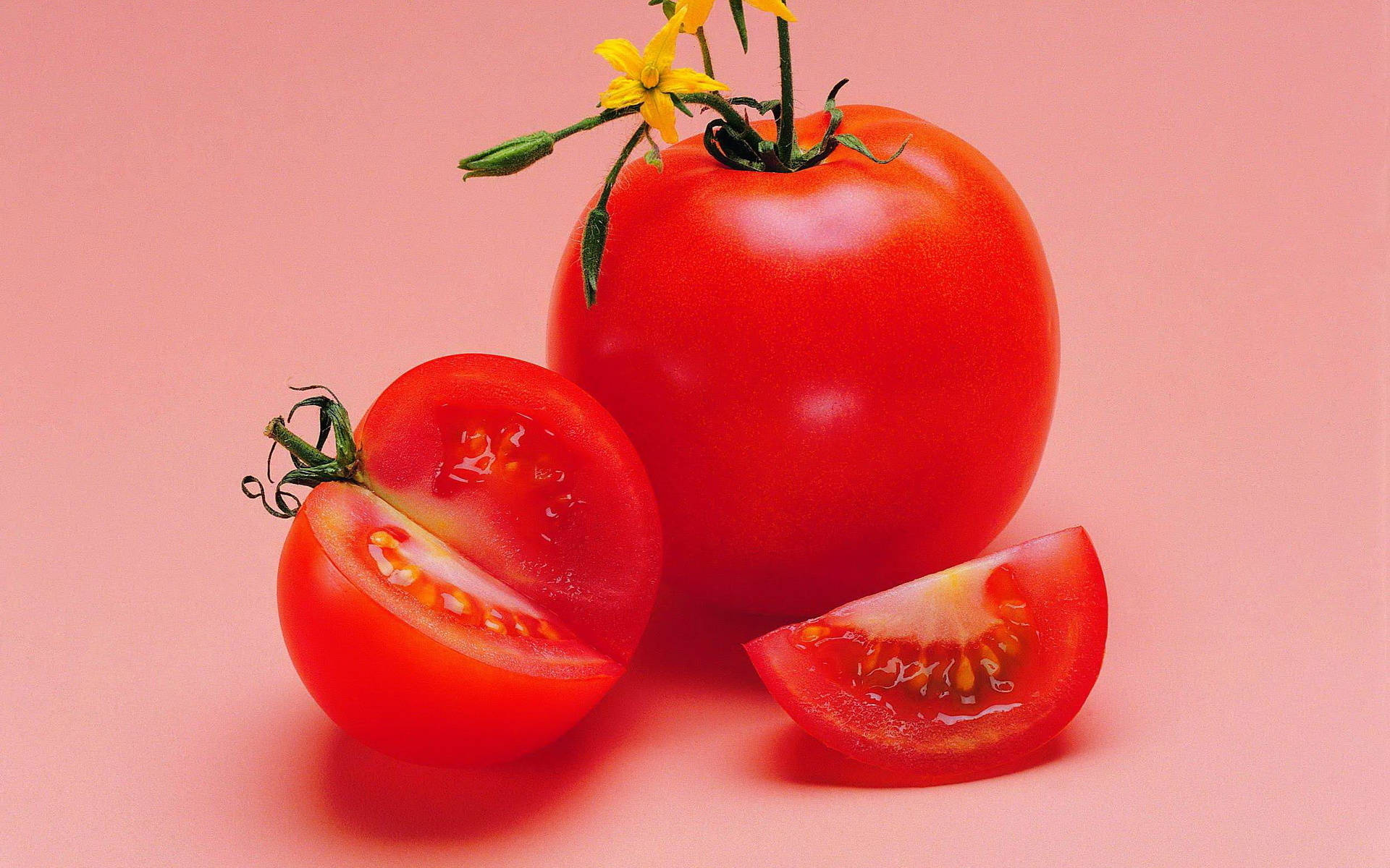 red tomato, pink aesthetic background, yellow flower, Full HD Desktop Wallpaper