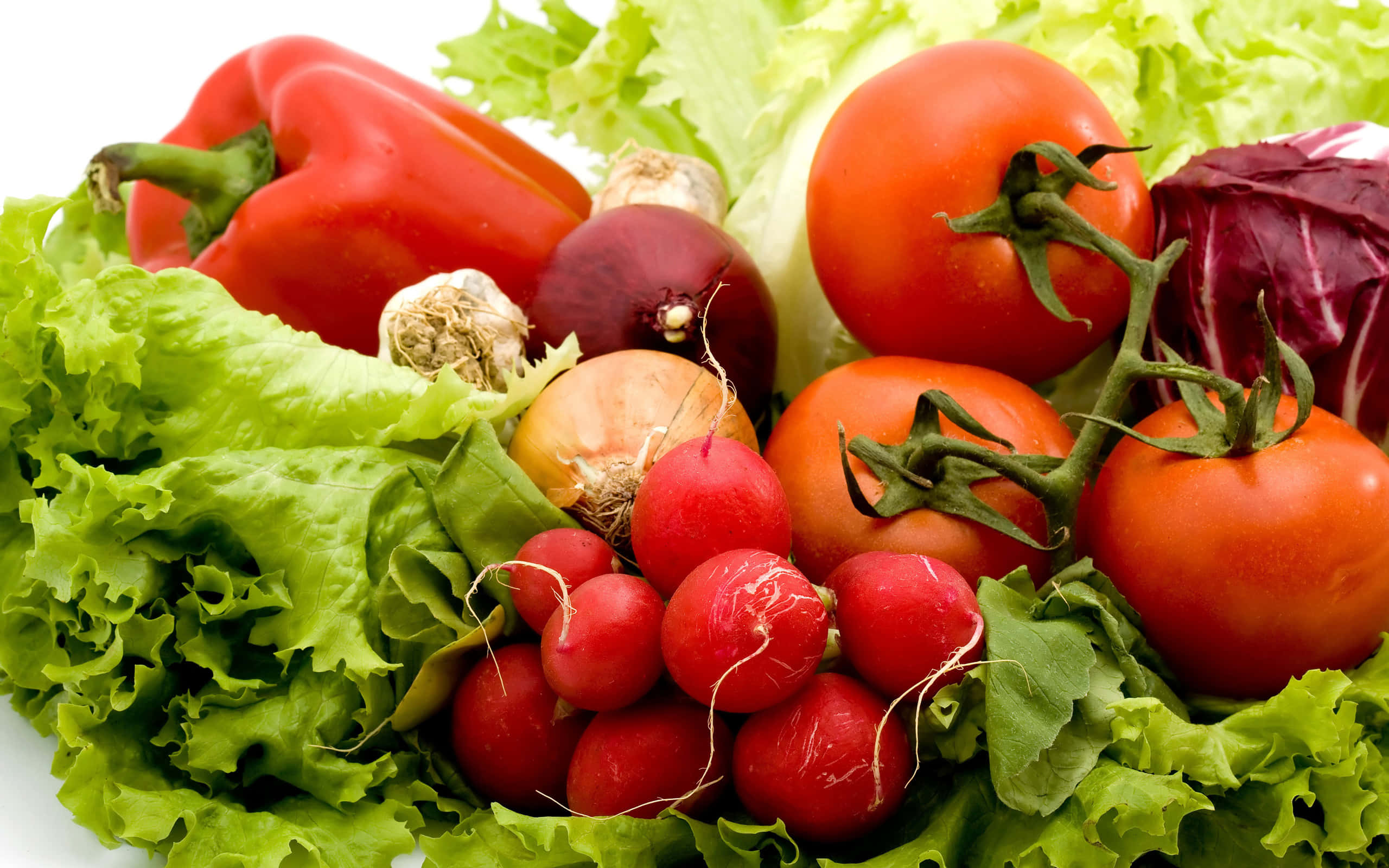 red bell peppers, tomatoes, radishes, 2K Desktop Wallpaper
