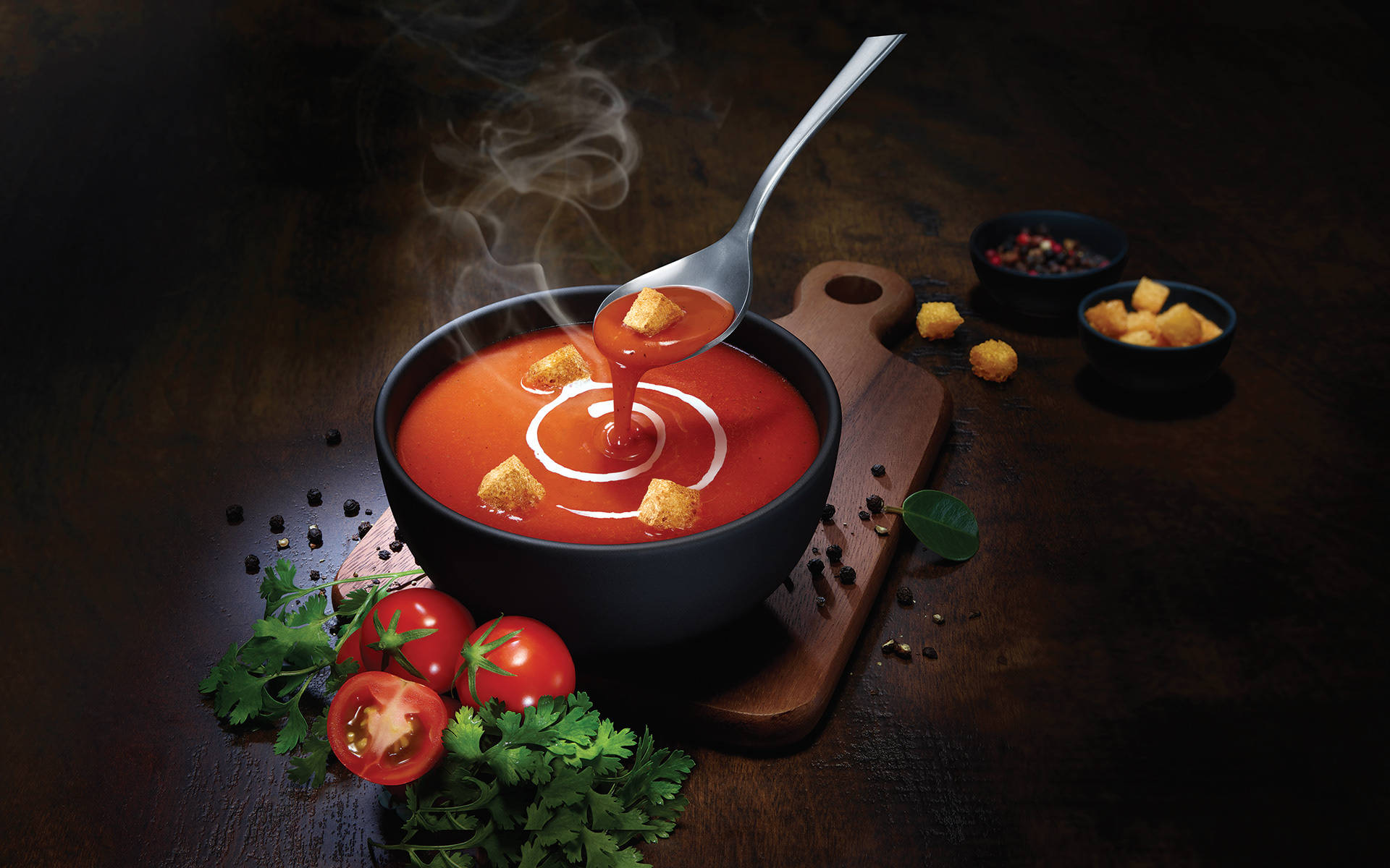 classic tomato soup, croutons, cream, Full HD Desktop Wallpaper