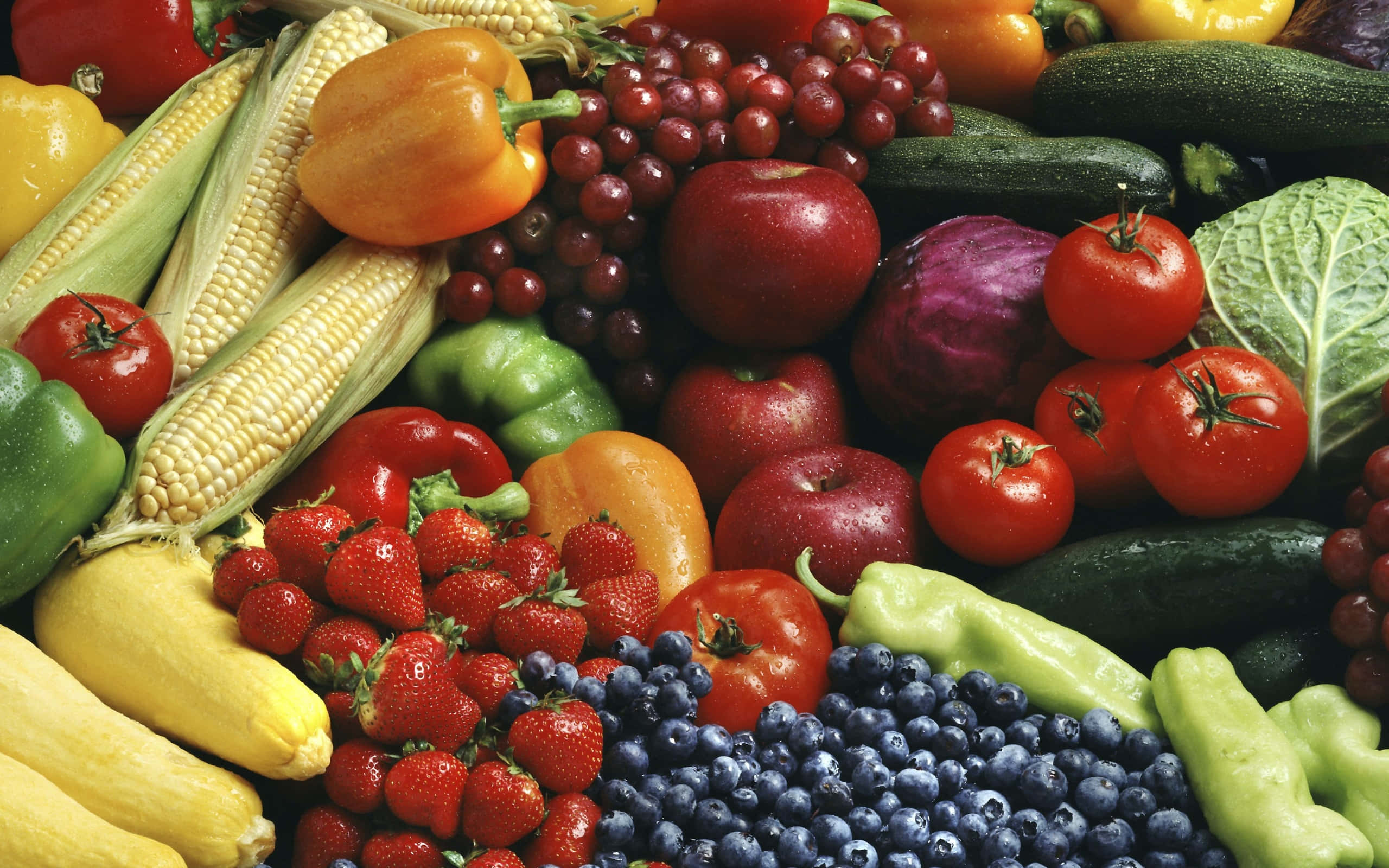 strawberries, corn, grapes, 2K Desktop Wallpaper