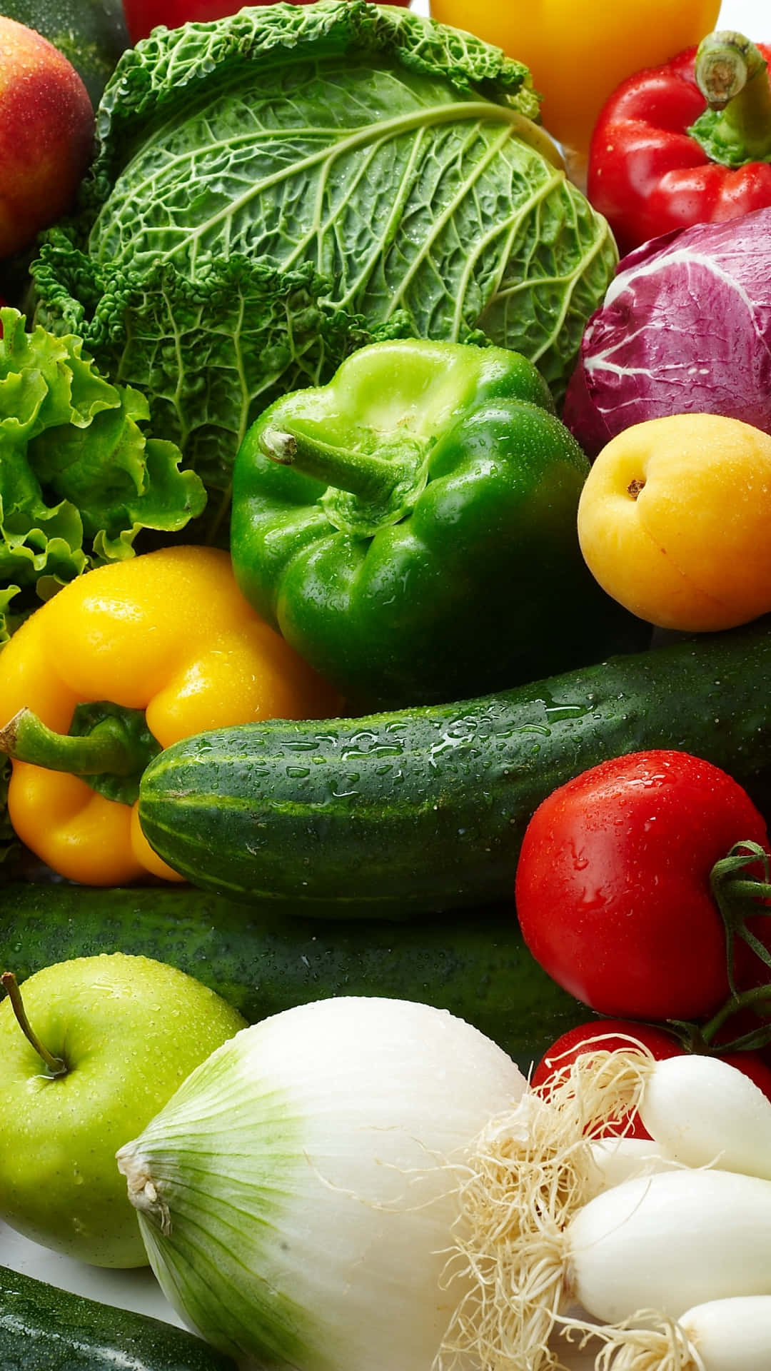 green cabbage, yellow bell pepper, red tomato, Full HD Phone Wallpaper