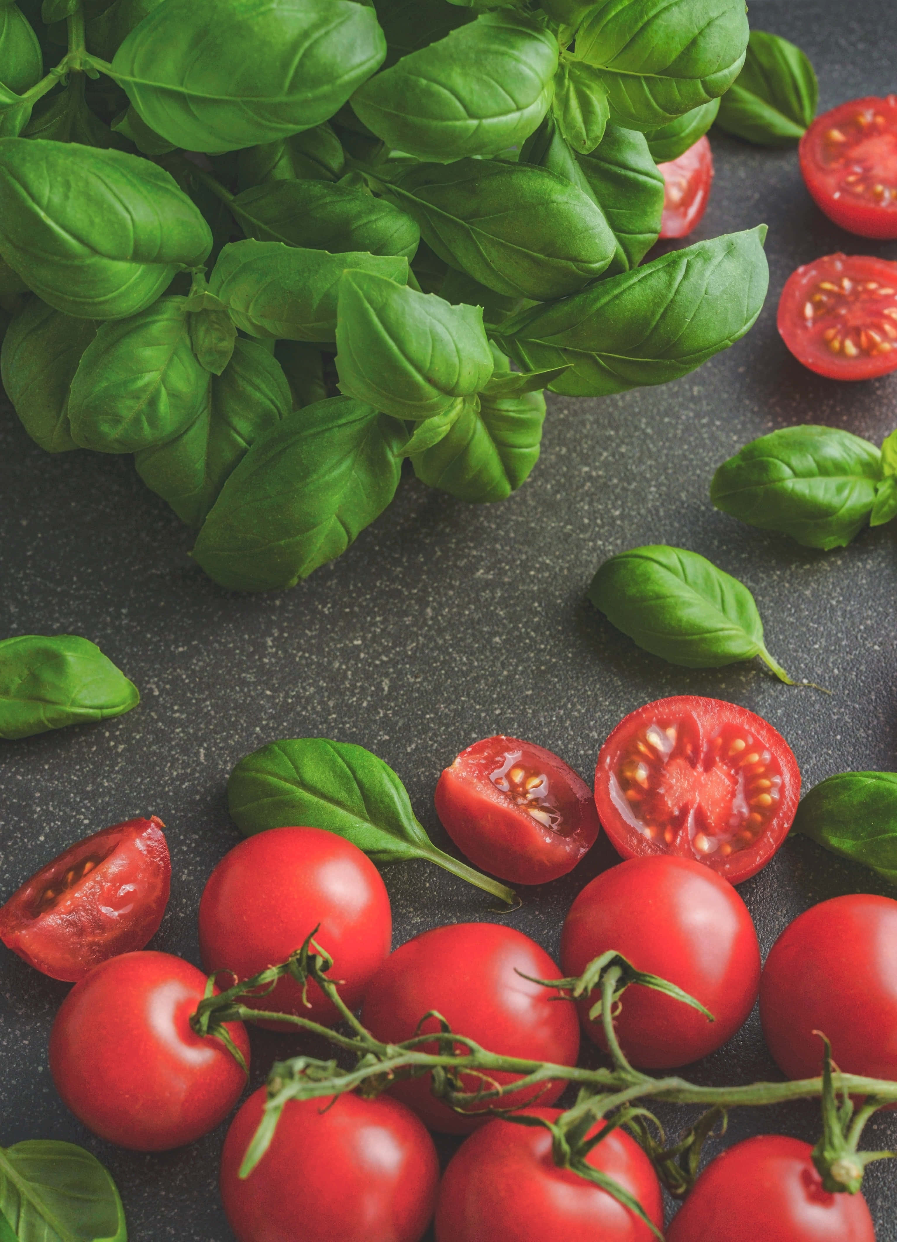 cherry tomatoes, basil, red, 4K Phone Wallpaper