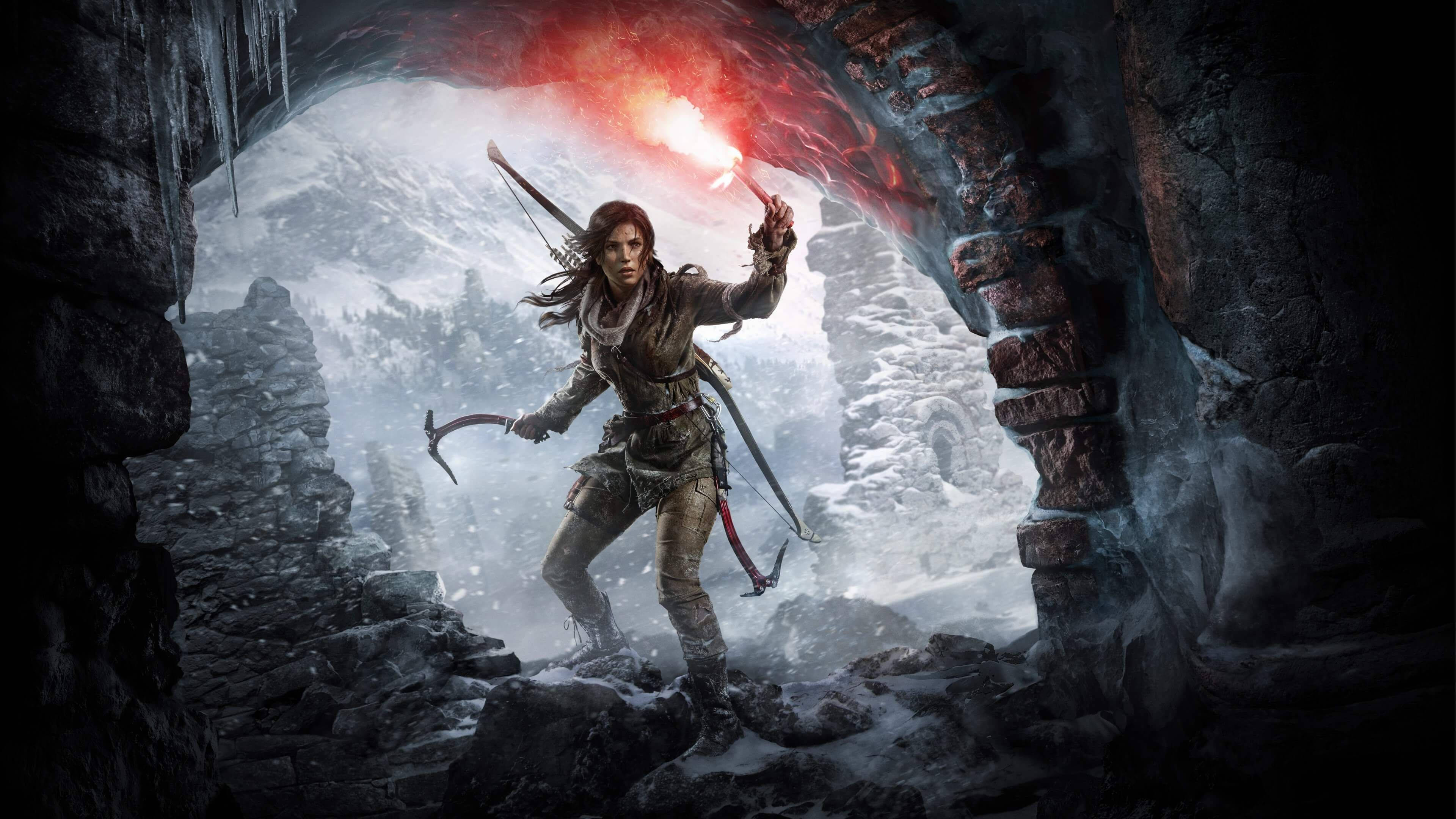 Tomb Raider Game, snowy mountain cave entrance, flaming torch, 4K Desktop Wallpaper