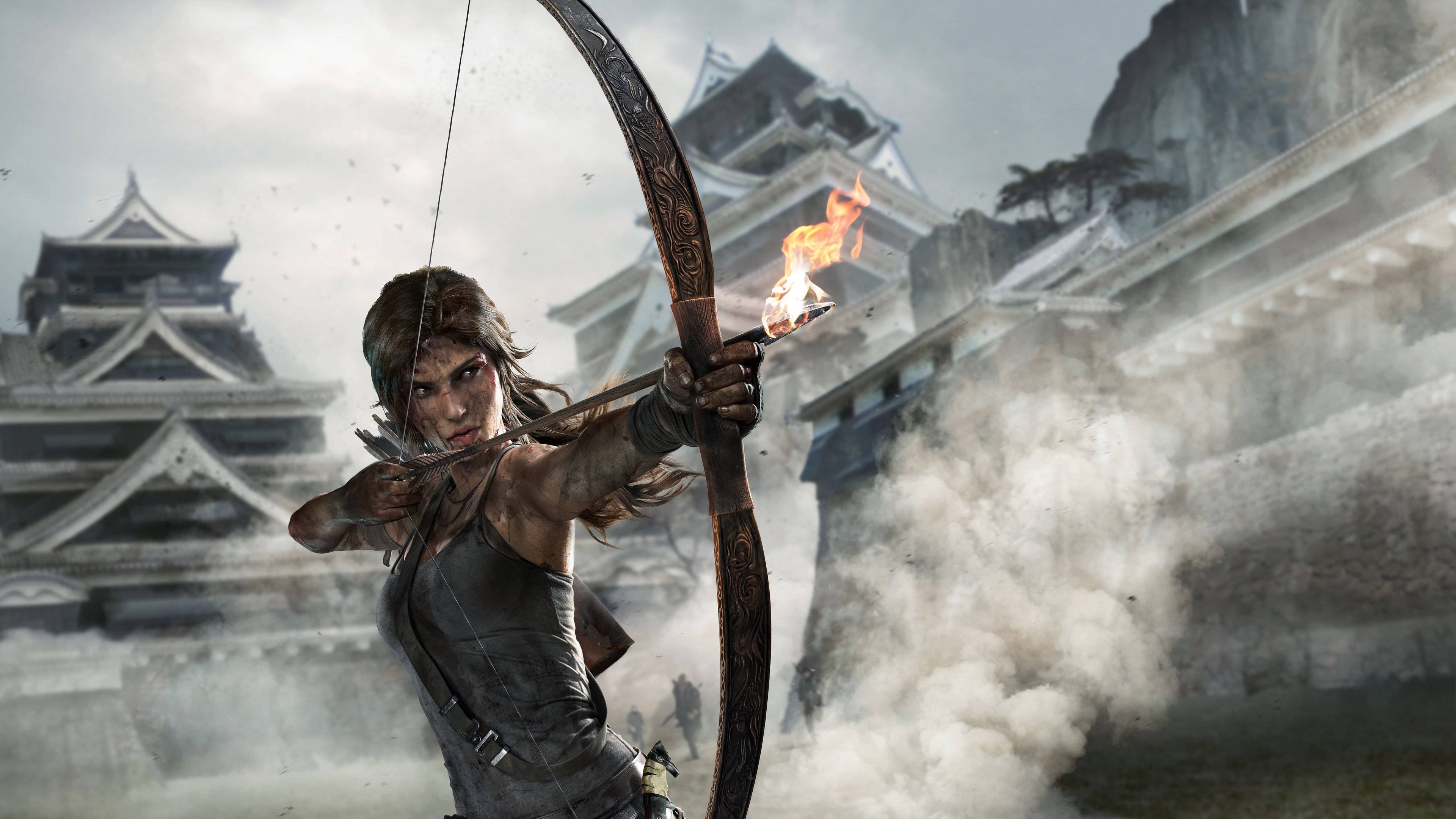 Tomb Raider Game, flaming arrow, ancient Japanese castle ruins, 4K Desktop Wallpaper