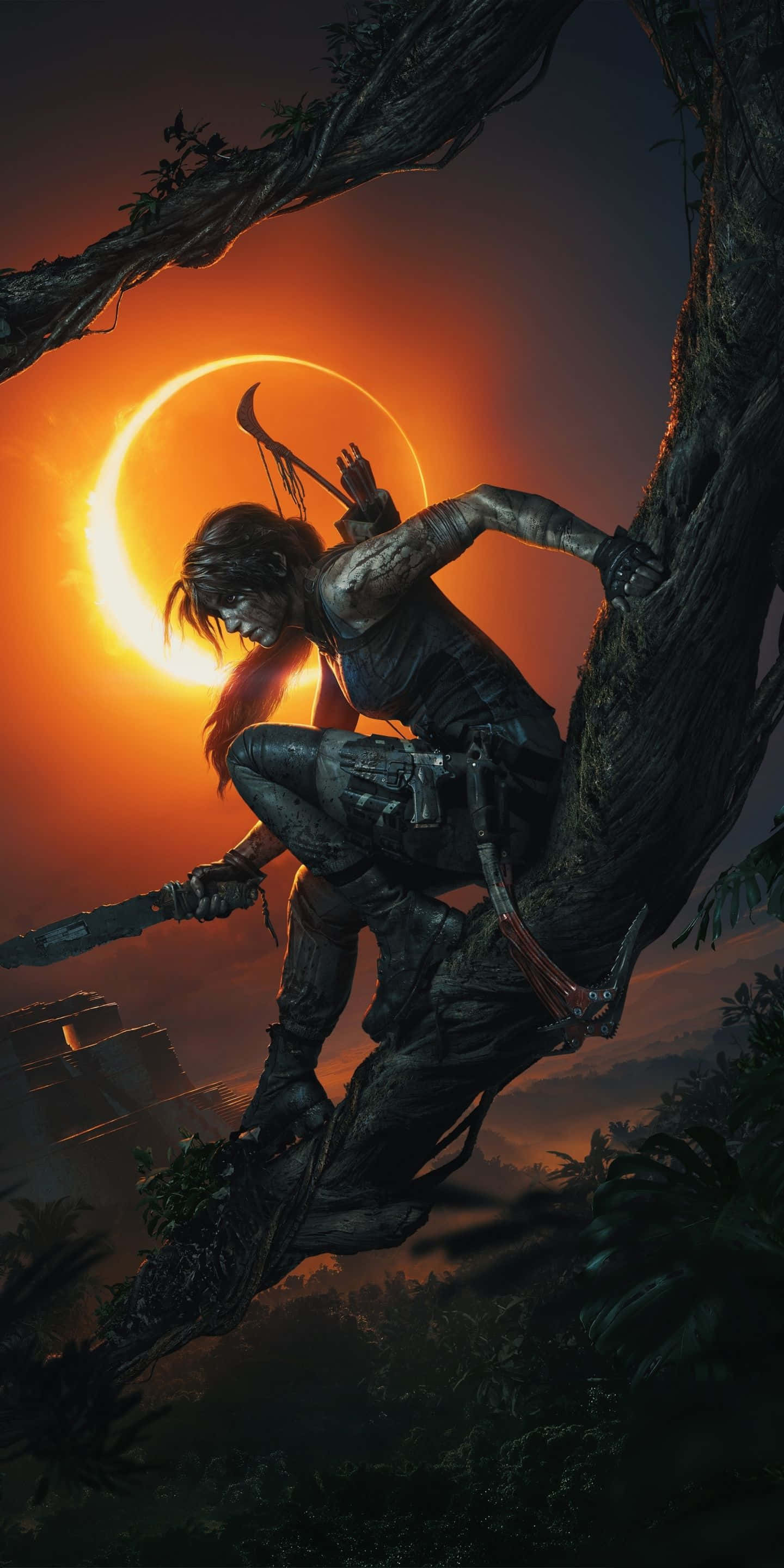 Tomb Raider Phone, warrior, massive tree branch, 2K Phone Wallpaper