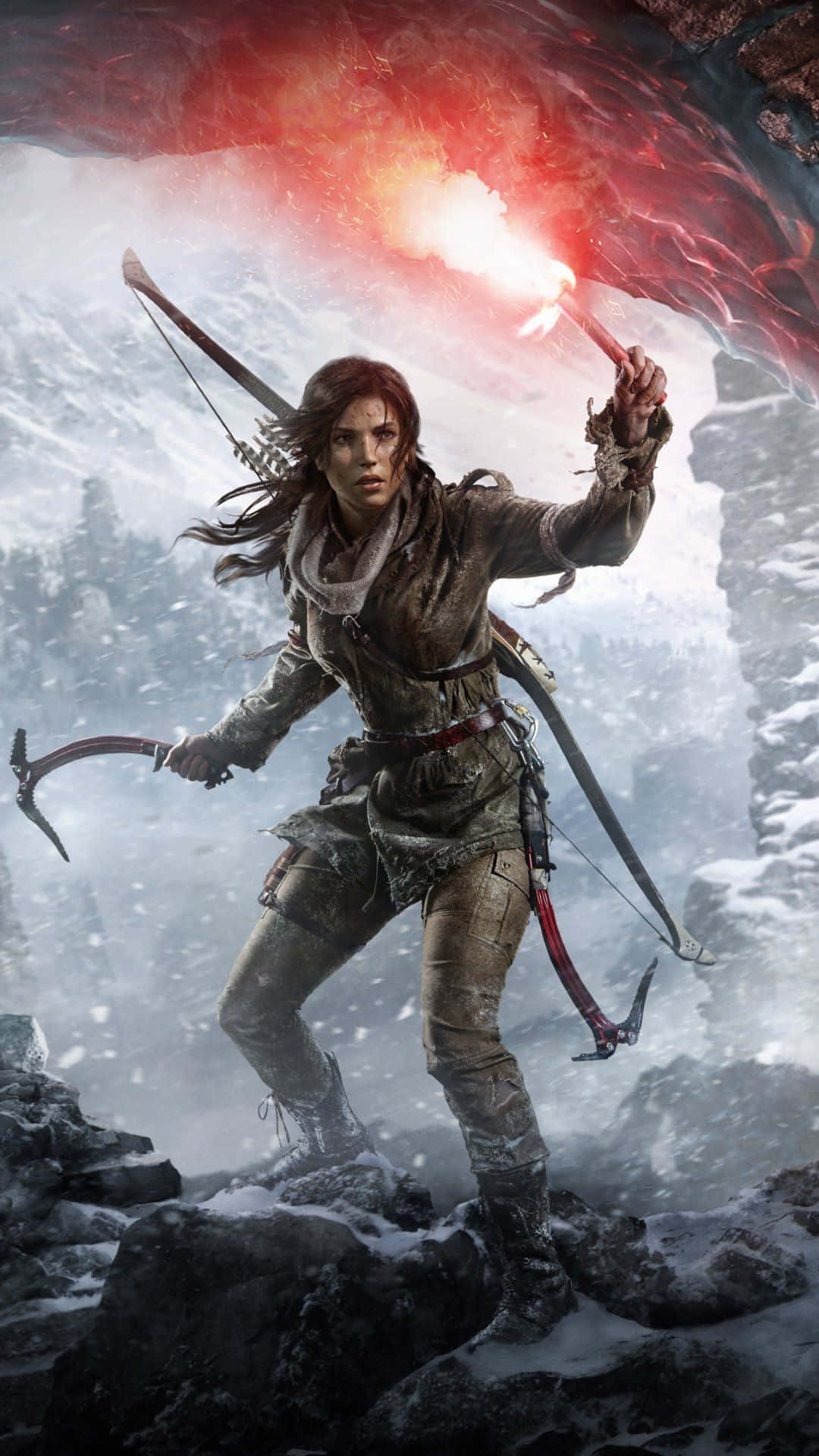 Tomb Raider Phone, flaming torch, ice axe, Full HD Phone Wallpaper