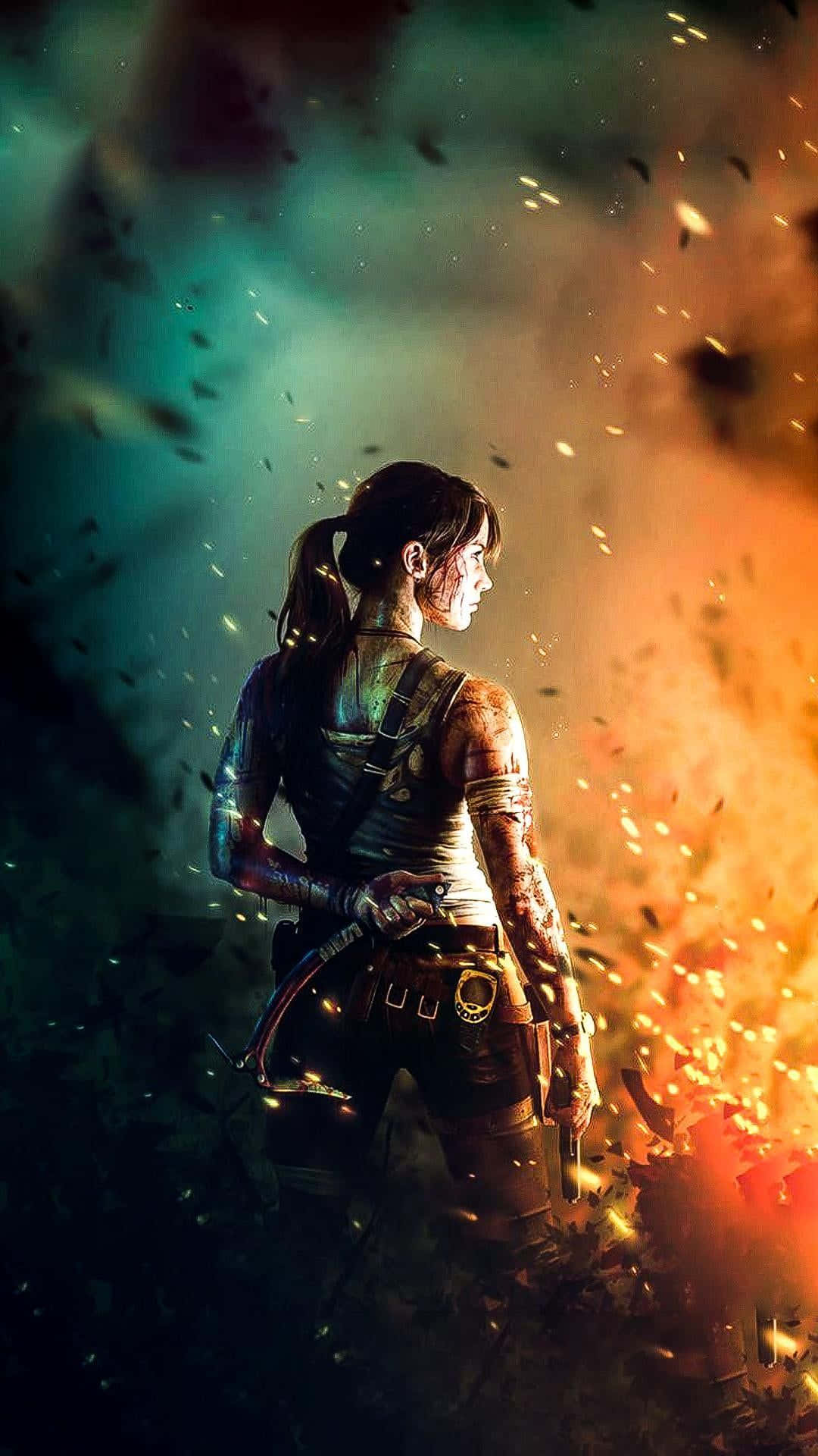 Tomb Raider Phone, warrior woman, fiery explosion, Full HD Phone Wallpaper
