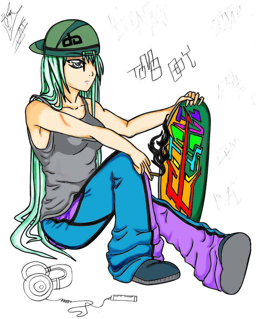 green hair, anime girl, graffiti-covered skateboard, SD Phone Wallpaper