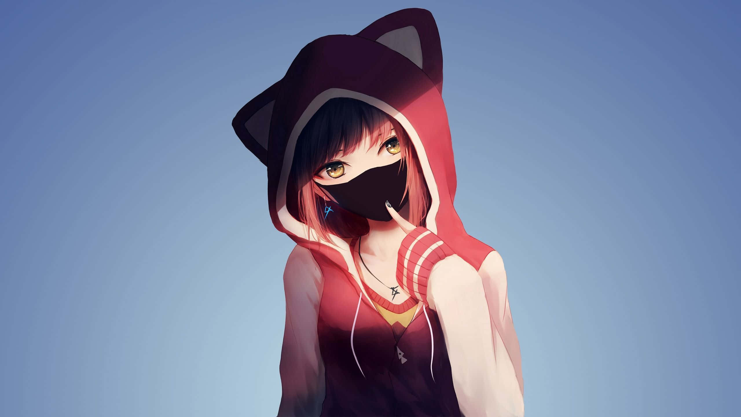 Tomboy Girl, red cat-ear hoodie, black mask, 2K Desktop Wallpaper