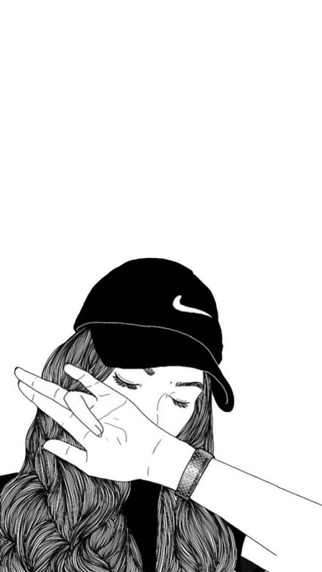 black and white line art illustration, long hair, cap, Full HD Phone Wallpaper