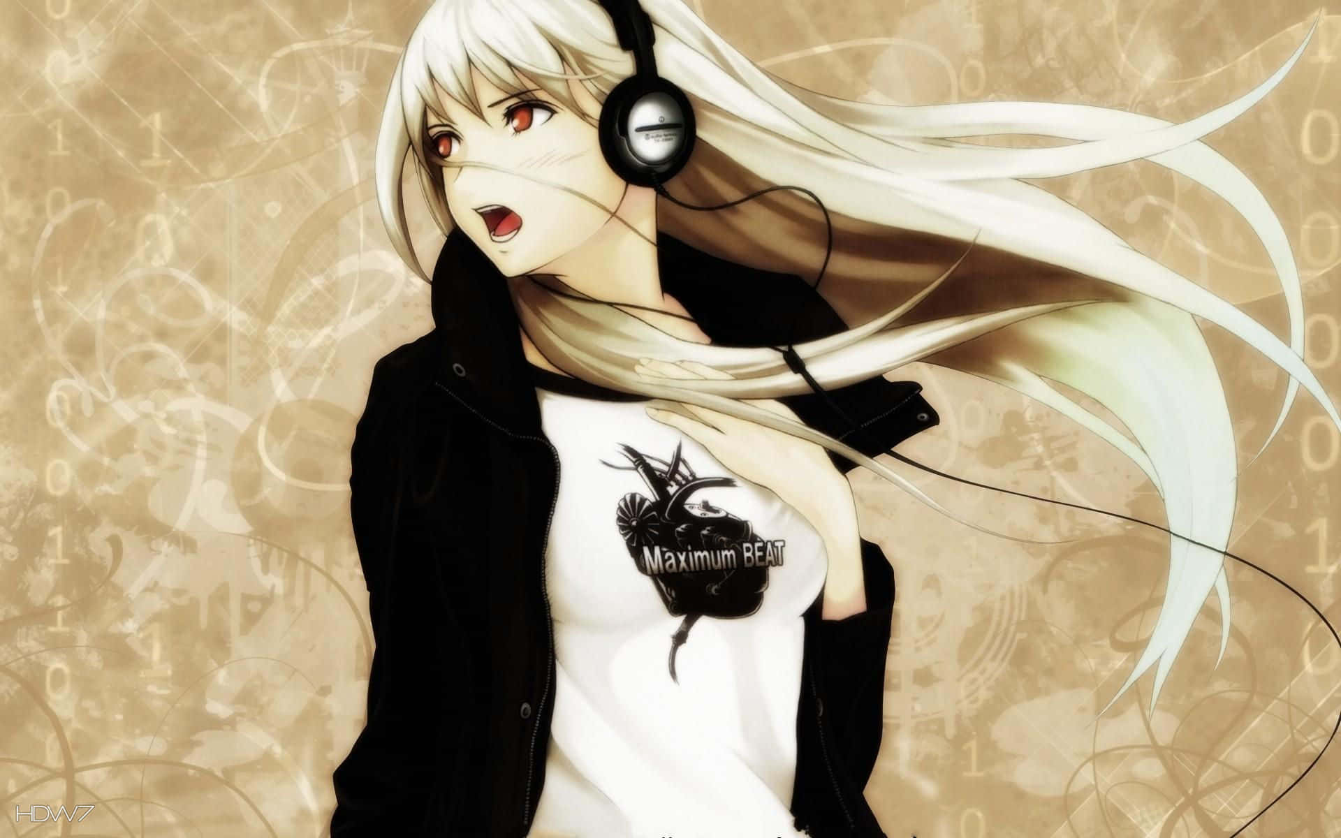white hair, red eyes, headphones, Full HD Desktop Wallpaper