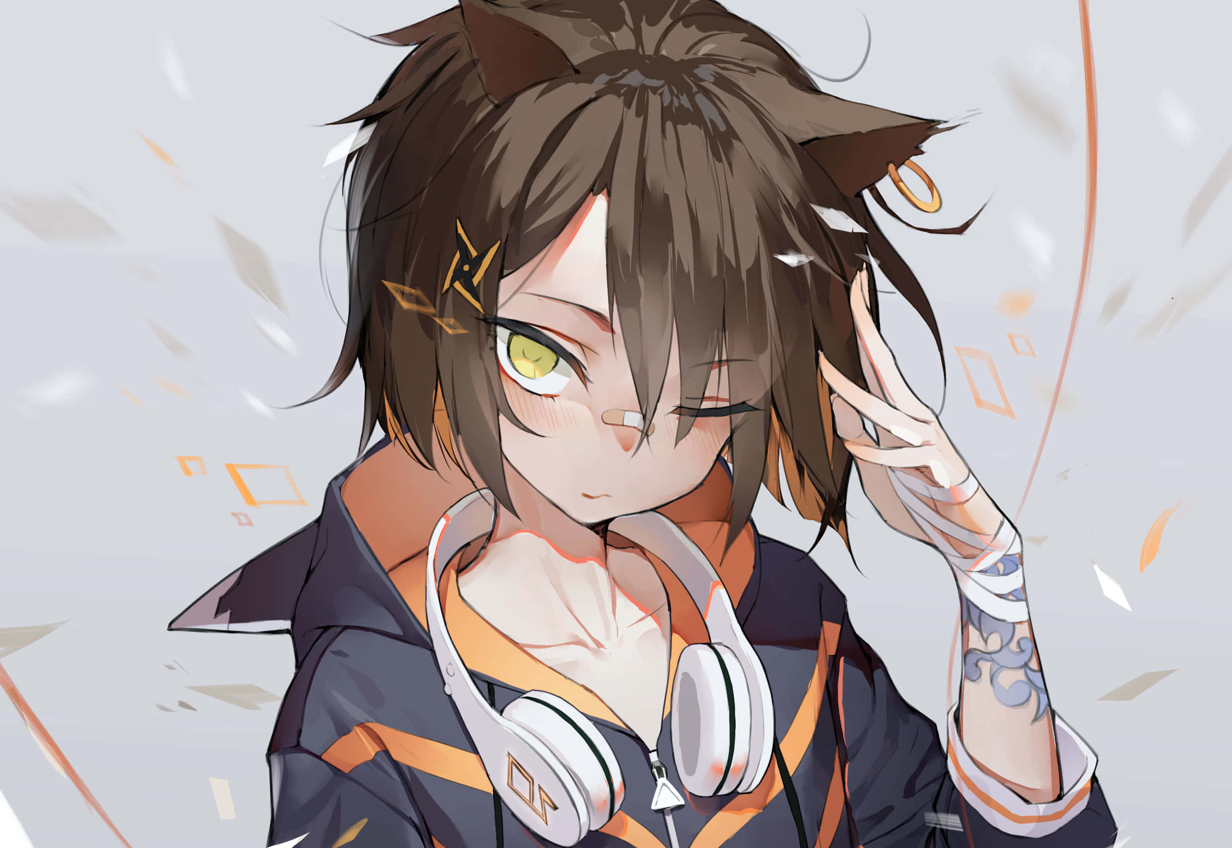 Tomboy Anime Girl, brown hair, cat ears, Full HD Desktop Wallpaper