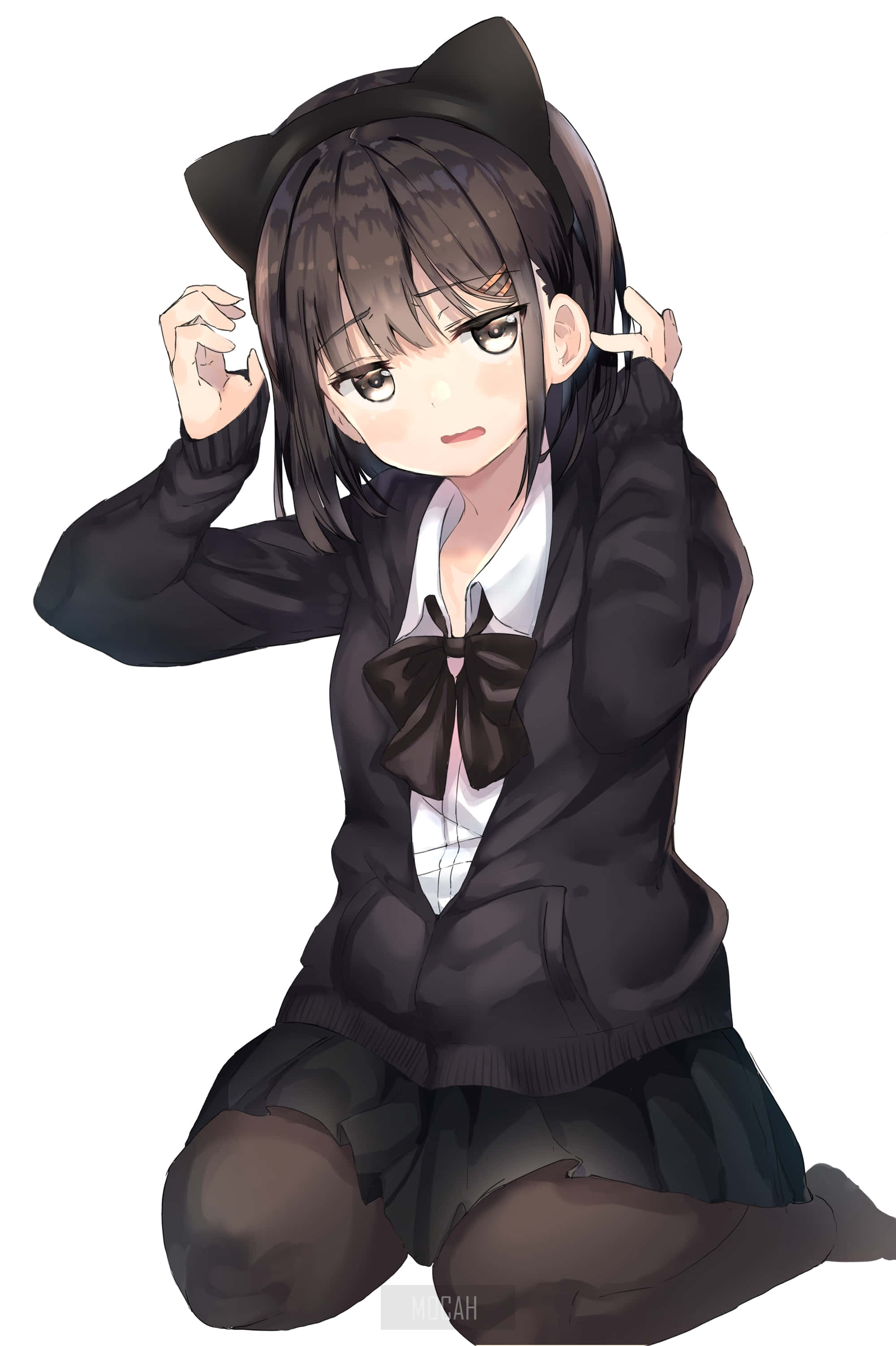 tomboy girl 1998, black school uniform, cat ears, 2K Phone Wallpaper