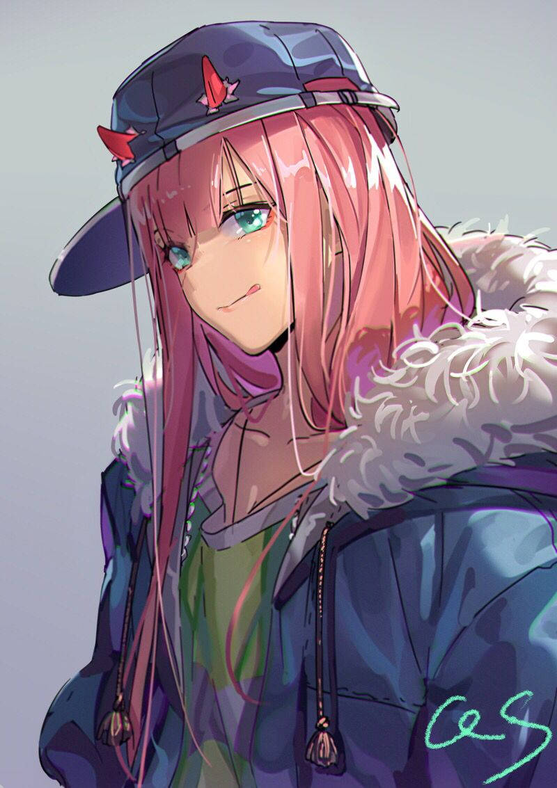 pink hair, green eyes, blue cap with red horns, SD Phone Wallpaper