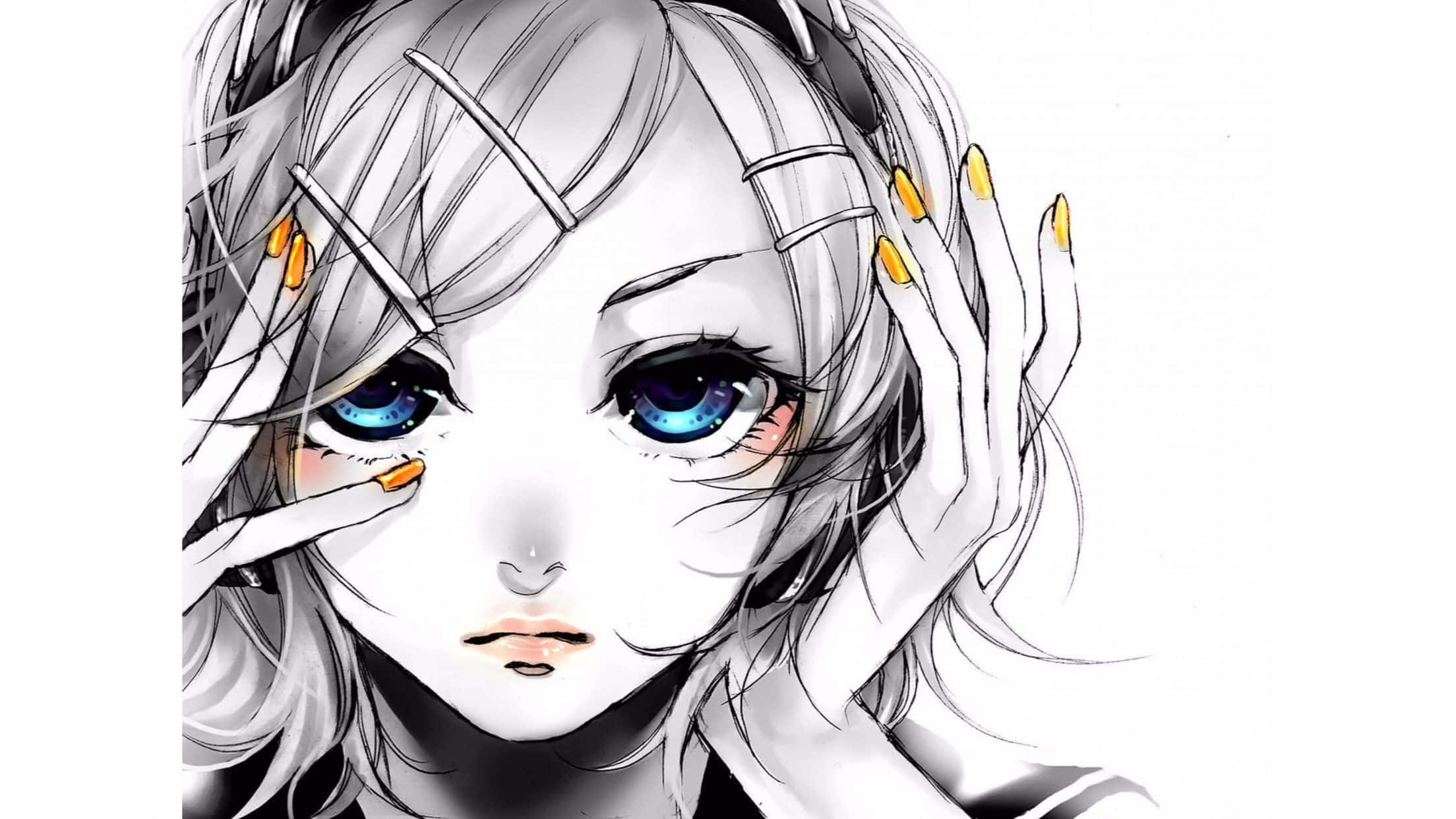 silver hair, piercing blue eyes, yellow-nailed hands, Full HD Desktop Wallpaper