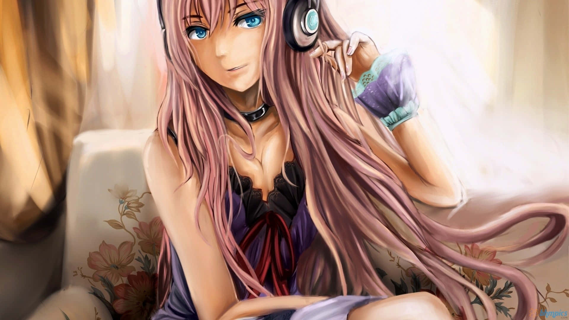 pink hair, blue eyes, floral couch, Full HD Desktop Wallpaper