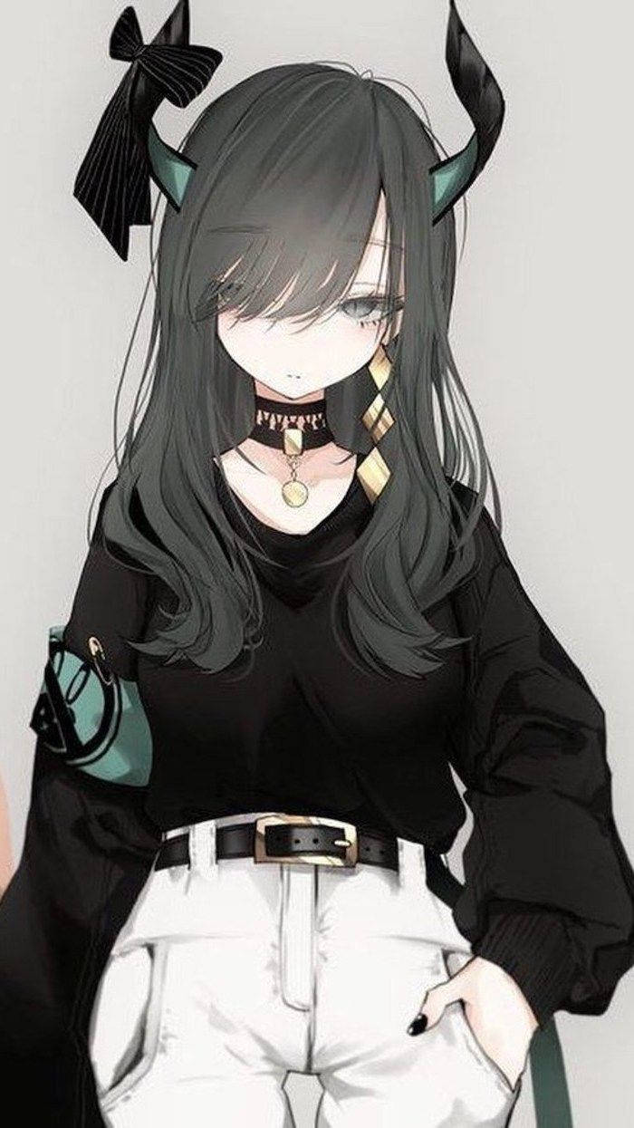 Anime Cute Tomboy, dark hair, teal horned accessories, SD Phone Wallpaper