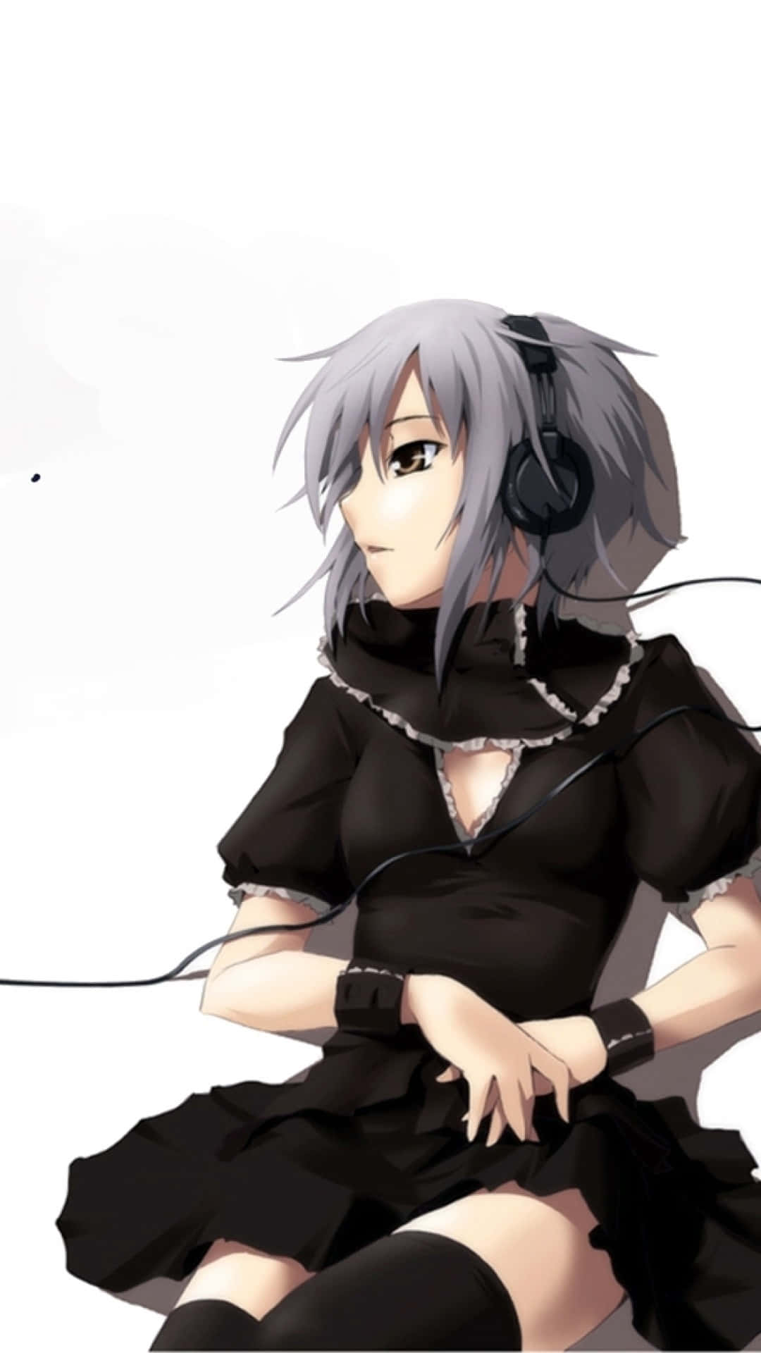 silver-haired anime girl, black dress, headphones, Full HD Phone Wallpaper