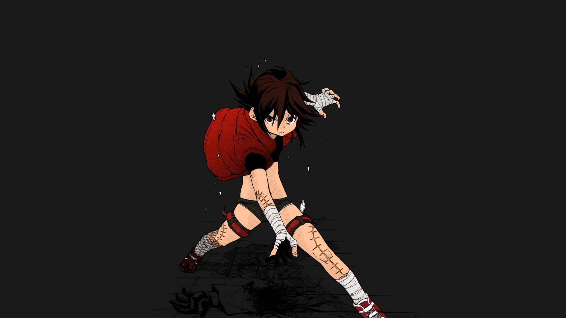 red hoodie, bandaged limbs, dark background, Full HD Desktop Wallpaper
