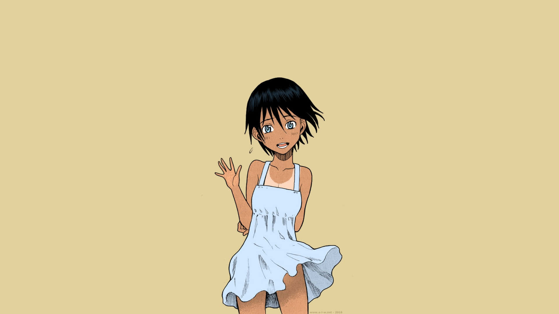 anime girl, white dress, playful expression, Full HD Desktop Wallpaper