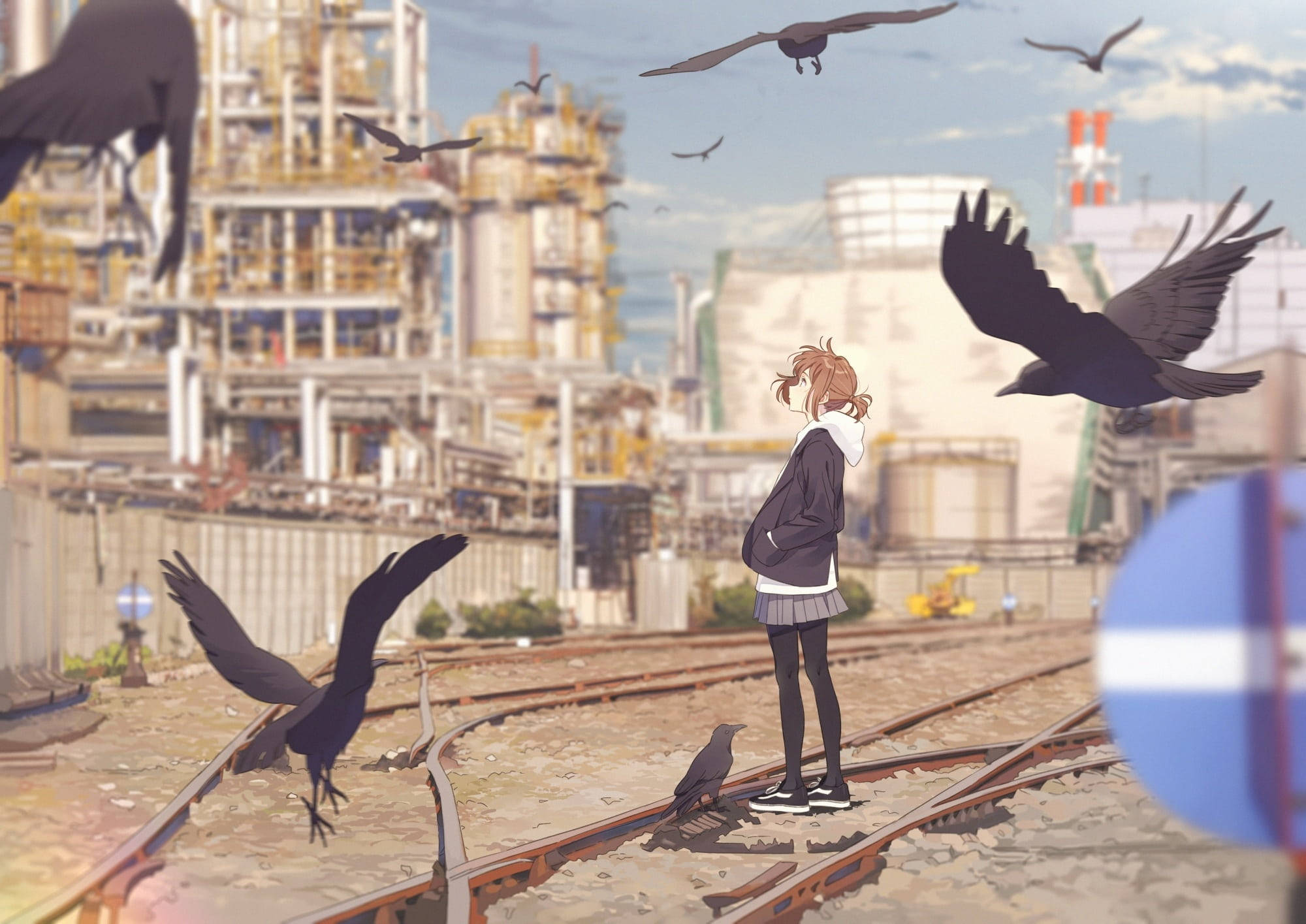 tomboy anime girl, school uniform, rusted train tracks, Full HD Desktop Wallpaper