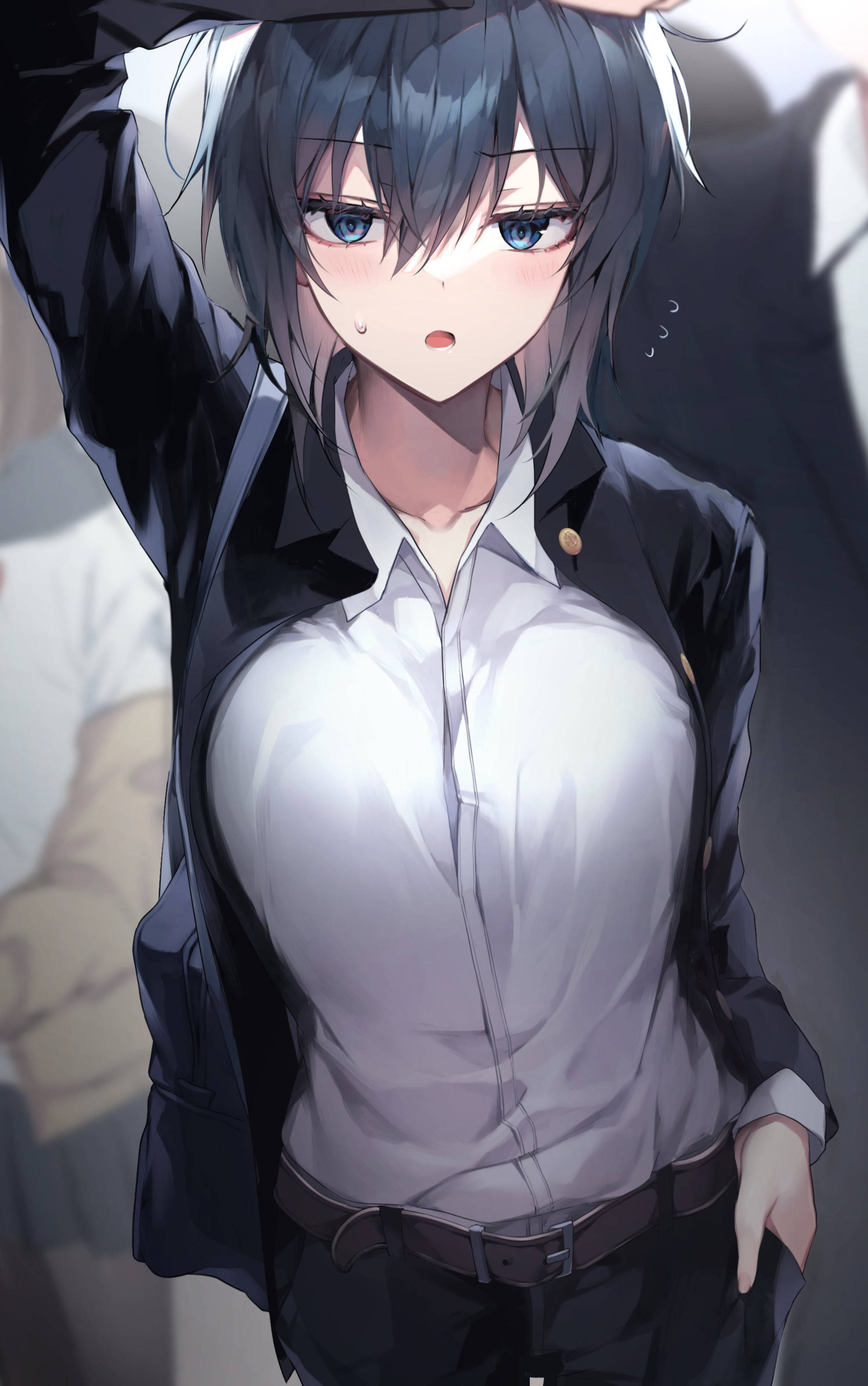 Tired Tomboy Anime Girl, dark hair, blue eyes, 2K Phone Wallpaper