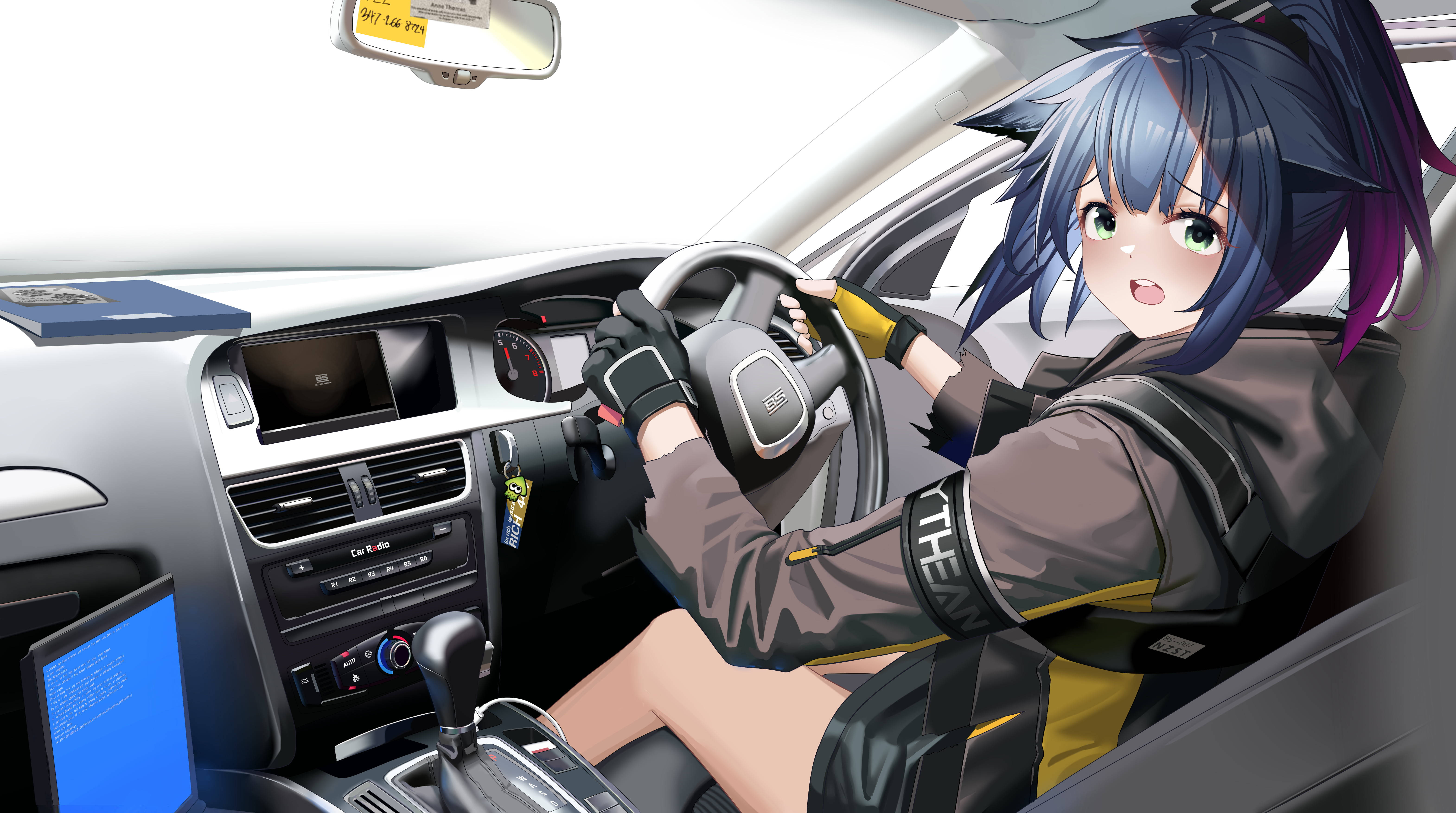 Tomboy Anime Girl, blue hair, modern car, 5K Desktop Wallpaper