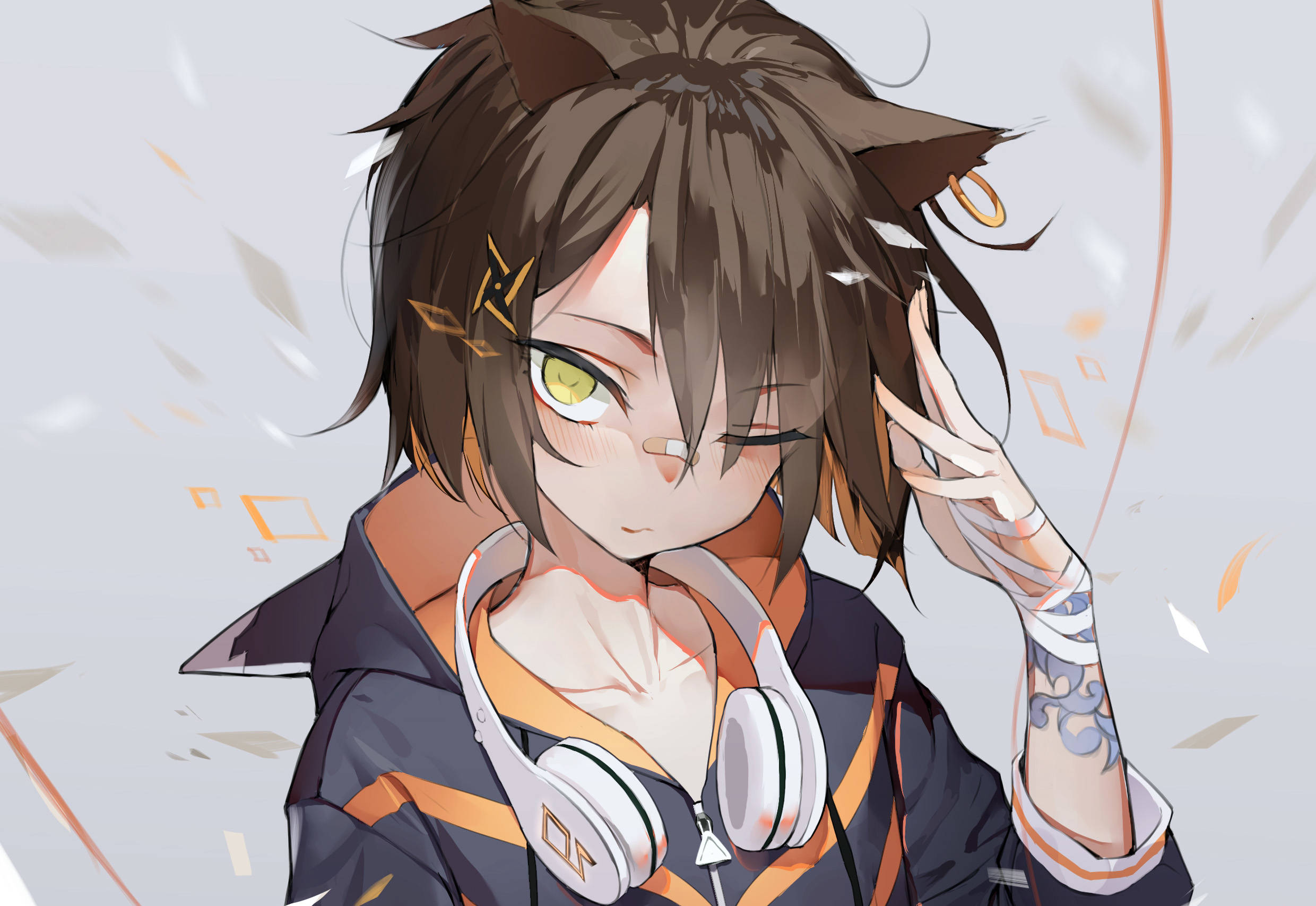 Cute Tomboy, white headphones, cat ears, Full HD Desktop Wallpaper