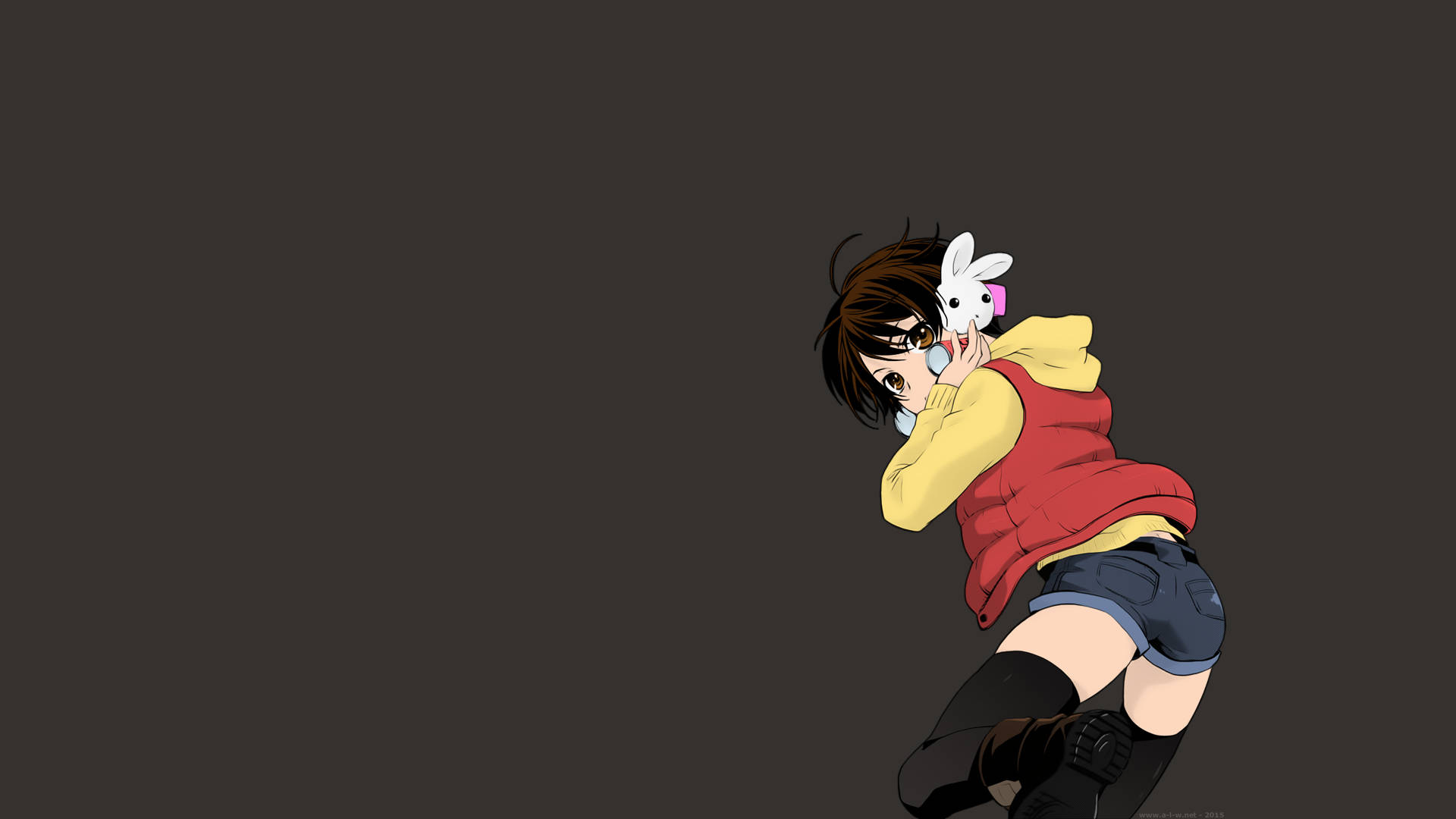 red hoodie, black thigh-highs, white bunny mask, Full HD Desktop Wallpaper
