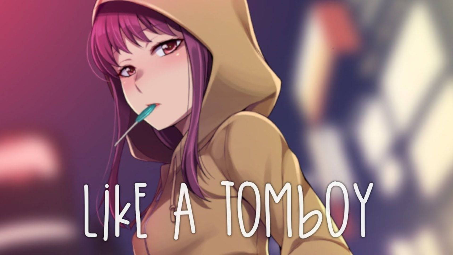 purple-haired anime girl, beige hoodie, pen to her lips, Full HD Desktop Wallpaper