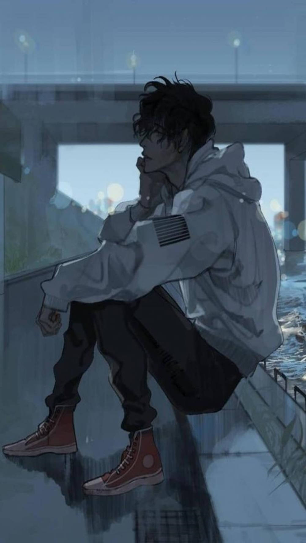 handsome tomboy aesthetic, white hoodie, wet urban ledge, HD Phone Wallpaper