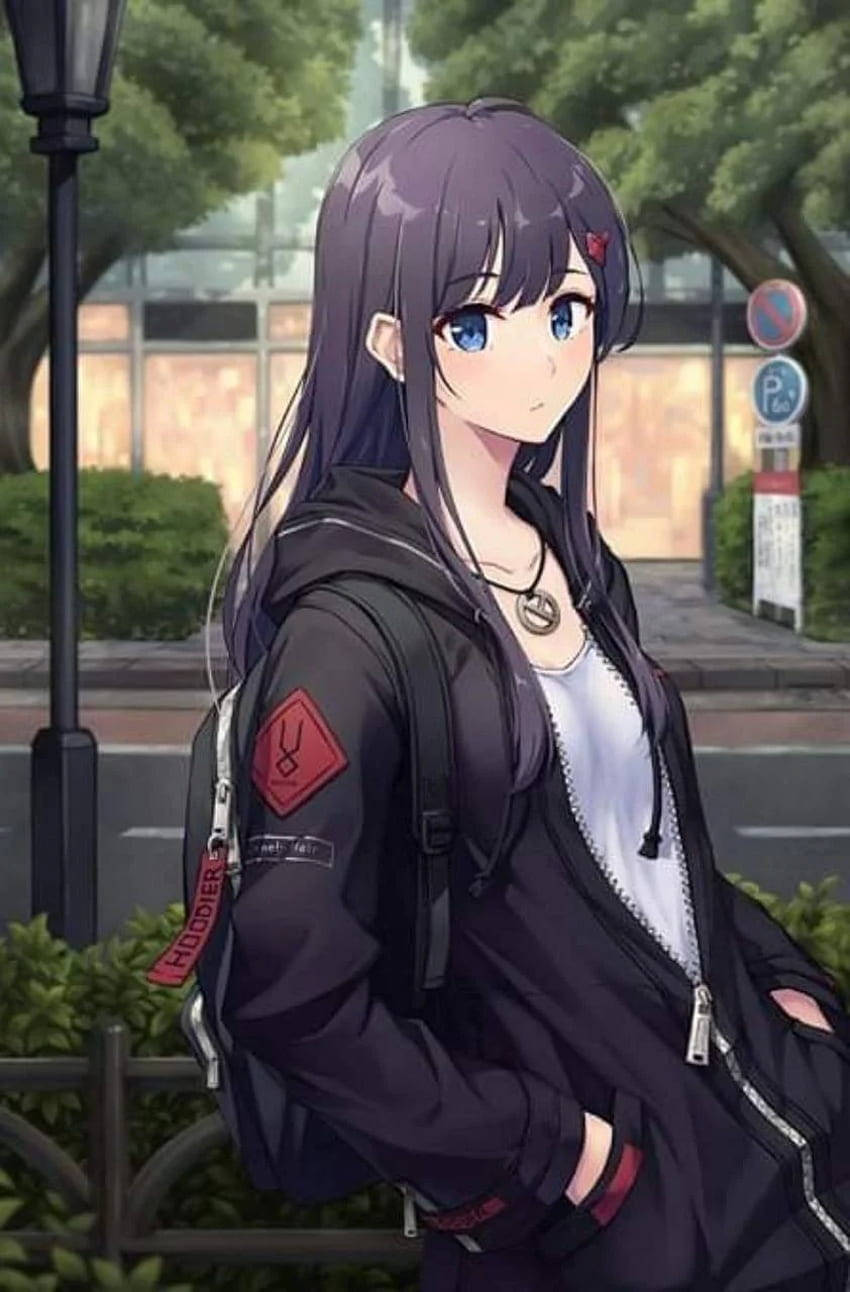 purple hair, blue eyes, black hoodie, HD Phone Wallpaper