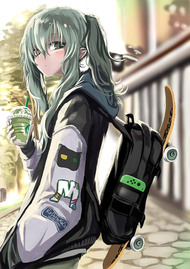 Cute Tomboy, teal hair, green drink, SD Phone Wallpaper