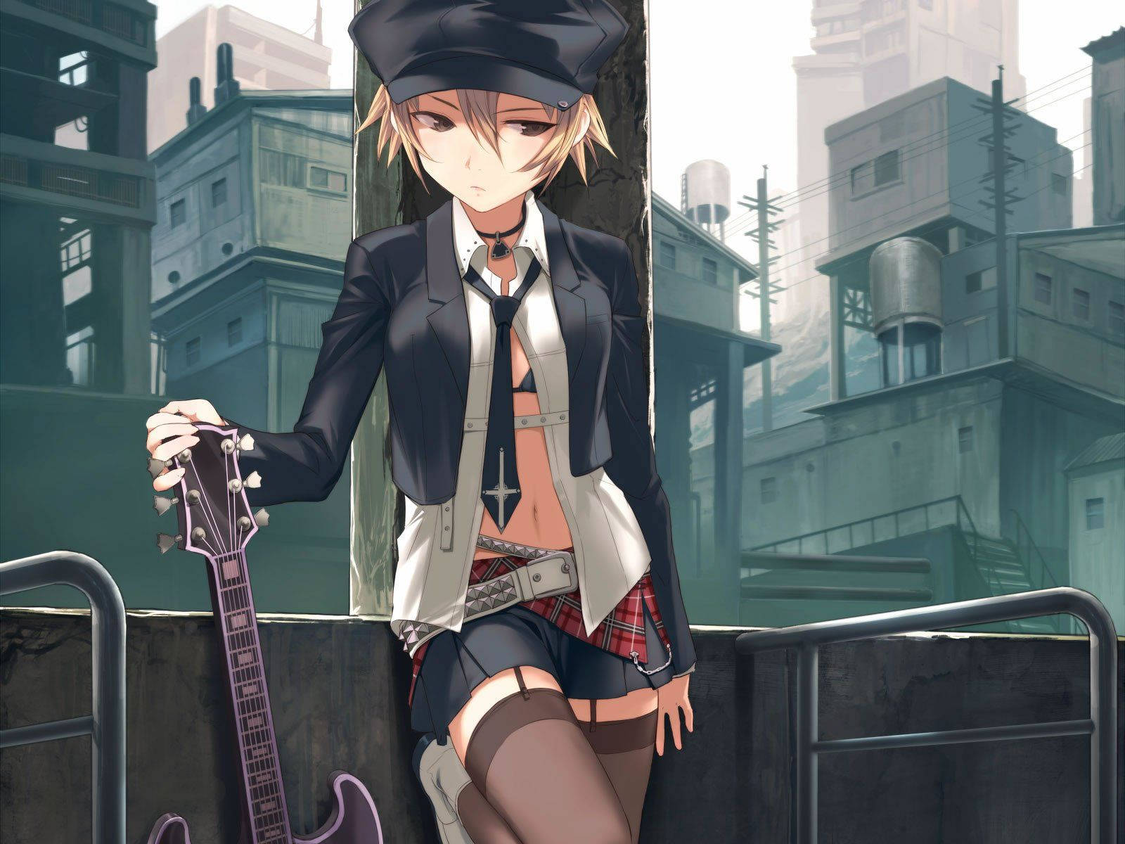 blonde anime girl, school uniform, purple electric guitar, HD Desktop Wallpaper